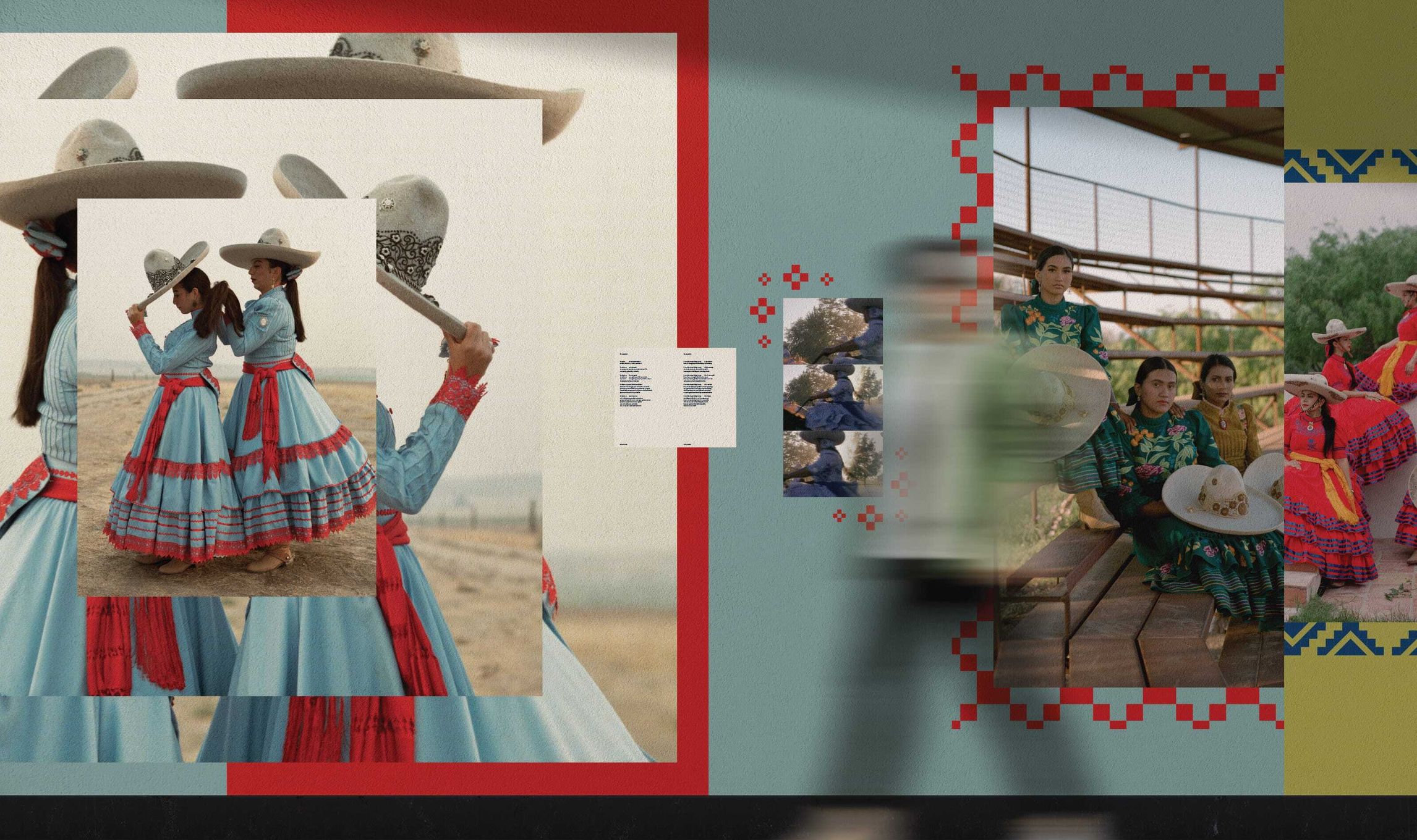 On the left, an overlapping image of women in identical blue dresses with red trim. One women adjusts the others garments. On the right, a triptych of photographs including, left to right, a woman in white on horseback, three seated women, two in dark green dresses, one in a tan dress, and three seated women, all in red dresses.