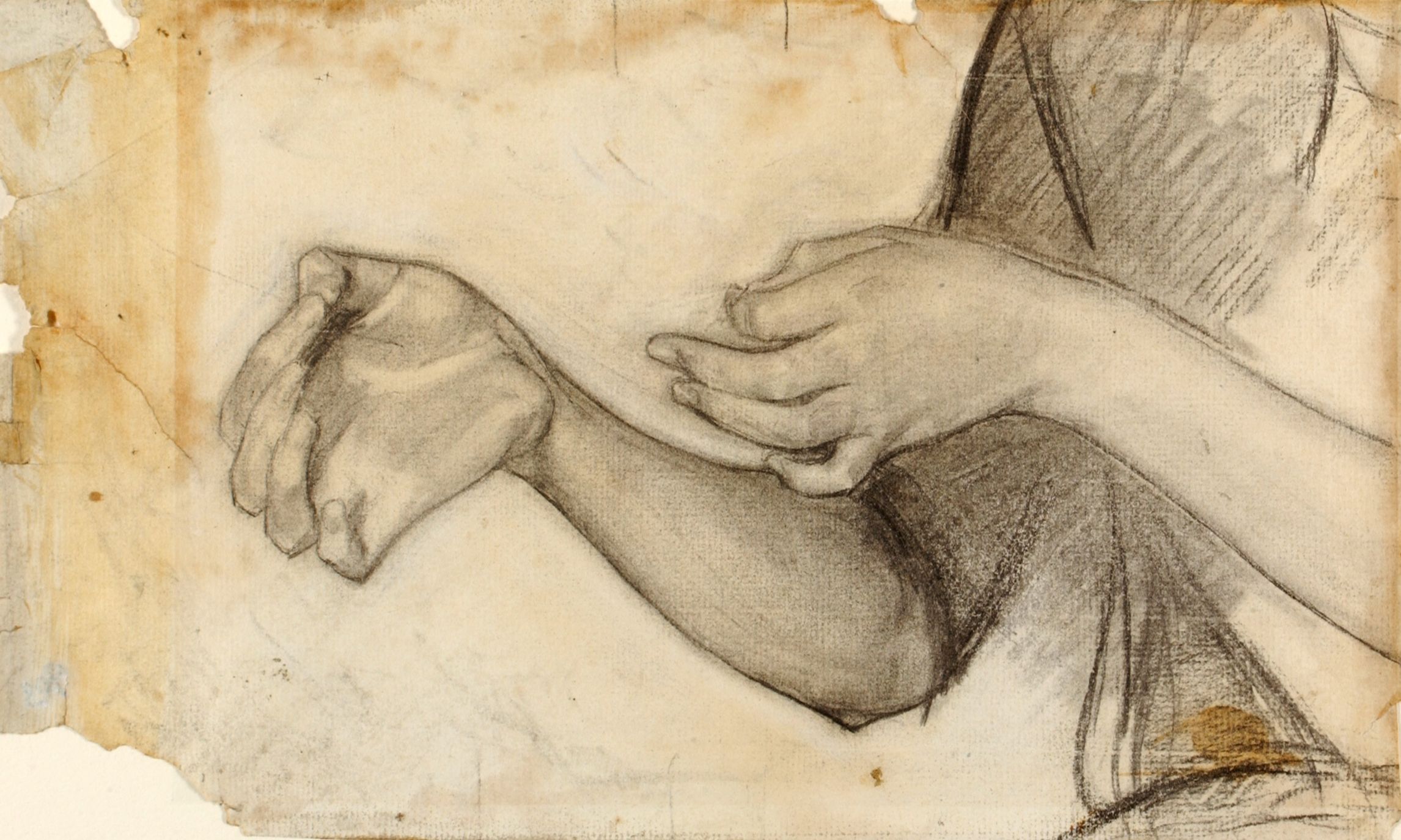 charcoal on paper drawing of hands and arms, part of torso