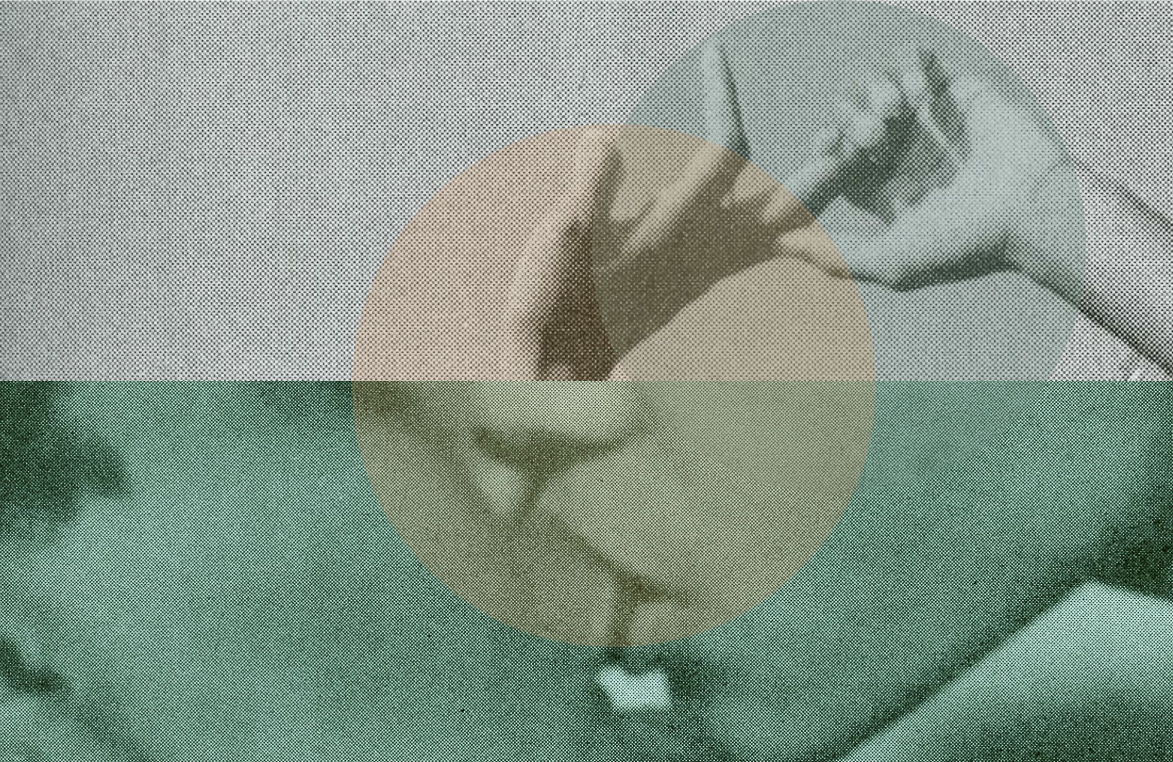 Collage with muted colors and pixelated images of two people kissing and hands touching.