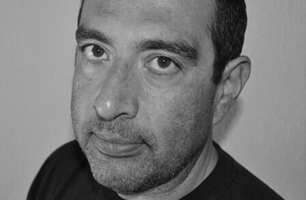 Black and white photograph of poet Gabriel Gomez