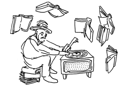 Illustration of a man sitting at a record player with books flying around