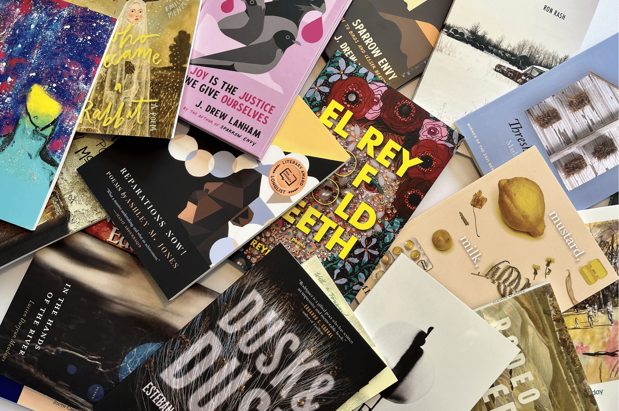 Table full of books with colorful covers