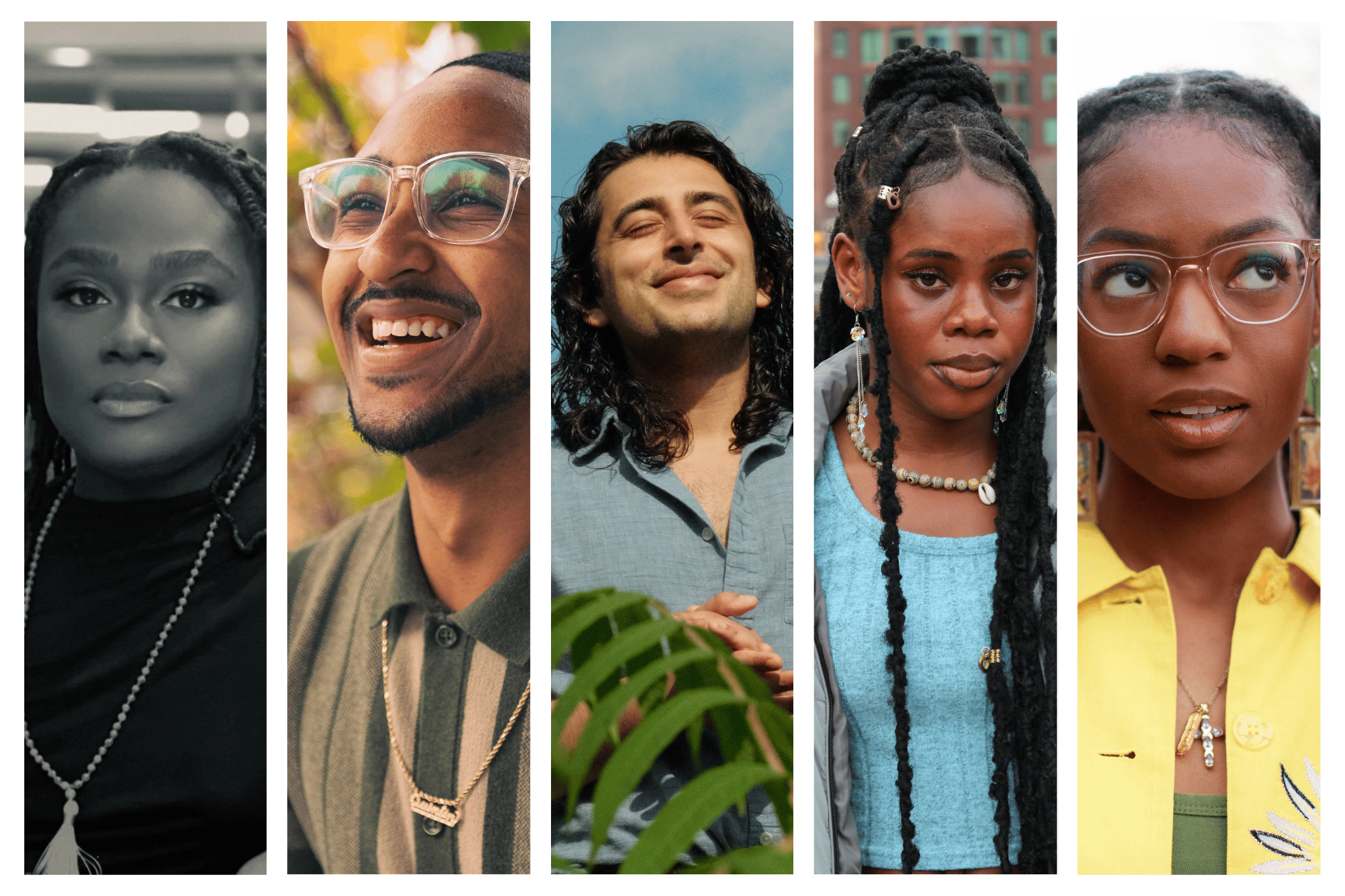 Five headshots presented in vertical rectangles featuring Jada Renée Allen, DeeSoul Carson, Andres Cordoba, Maryhilda Obasiota Ibe, and Aris Kian.