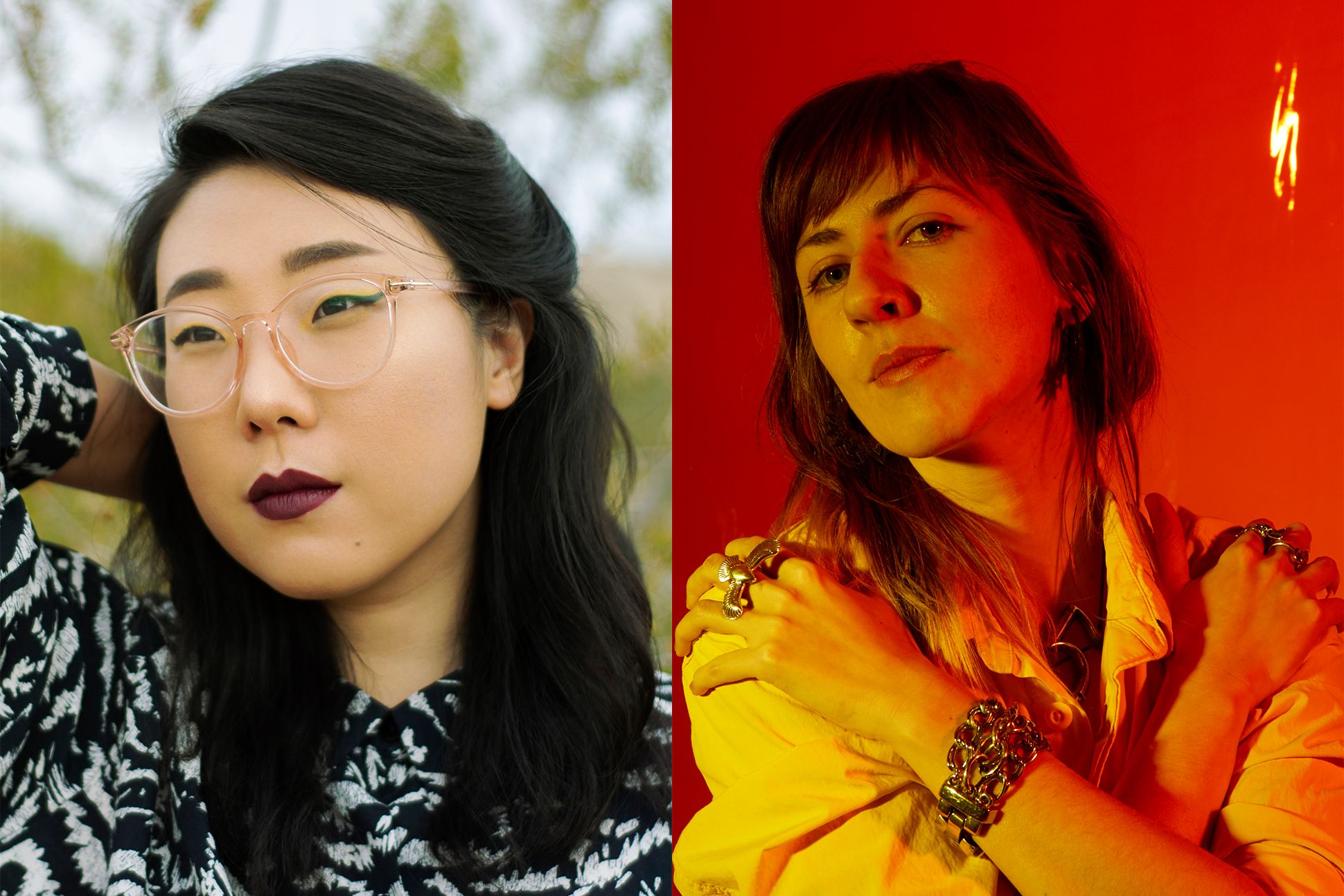 Portrait of poet Franny Choi paired with a portrait of poet Gala Mukomolova.