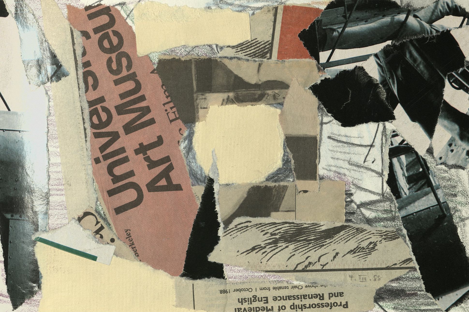 A collage featuring fragments of newspapers, magazine pages, and other textures.