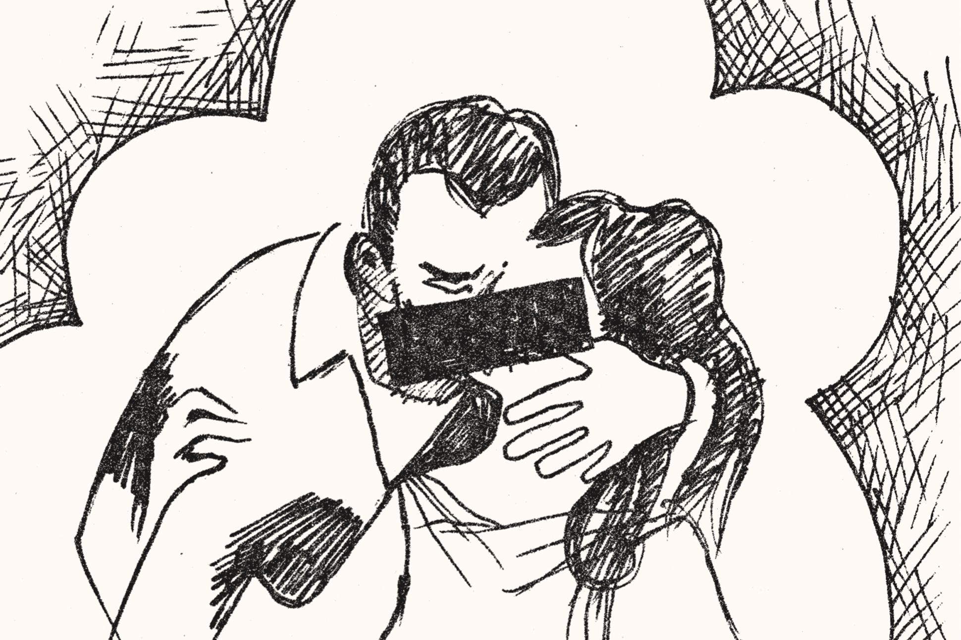 A pen-and-ink comic panel showing a man and a woman kissing, with a black box over their mouths.