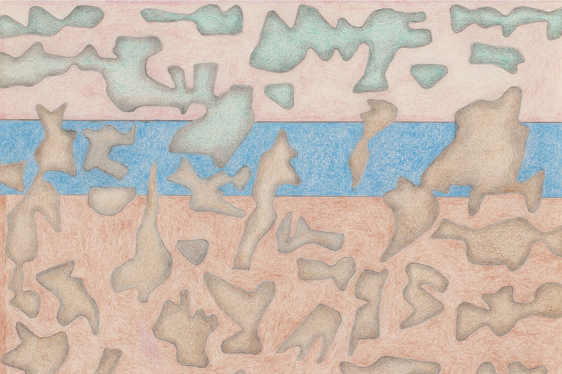 A crayon drawing by George Morrison showing a lake and a horizon line, with various shapes falling from the sky.