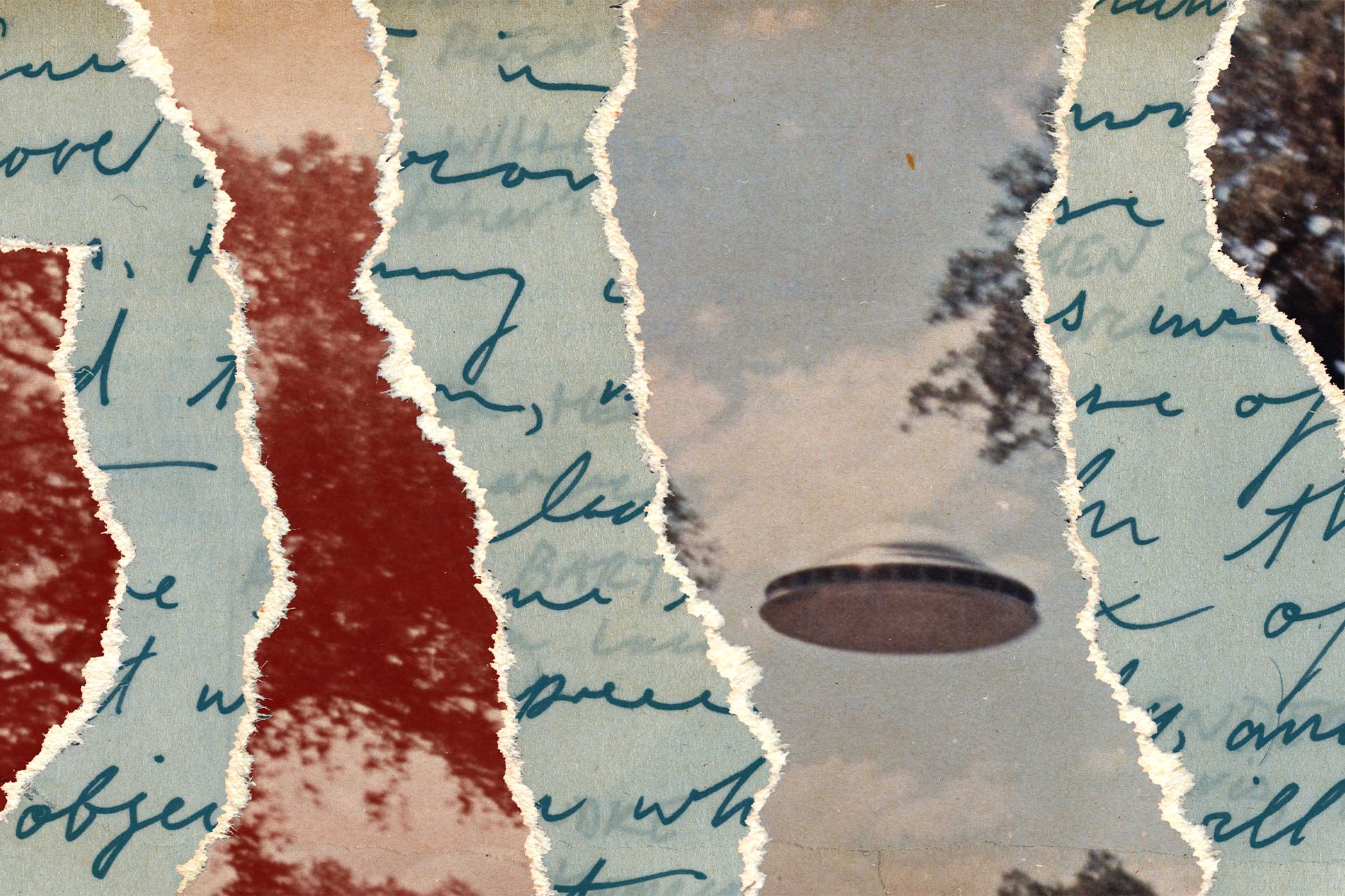 A tinted photograph of a flying saucer that's ripped in different spots to reveal a sheet of handwritten text beneath.