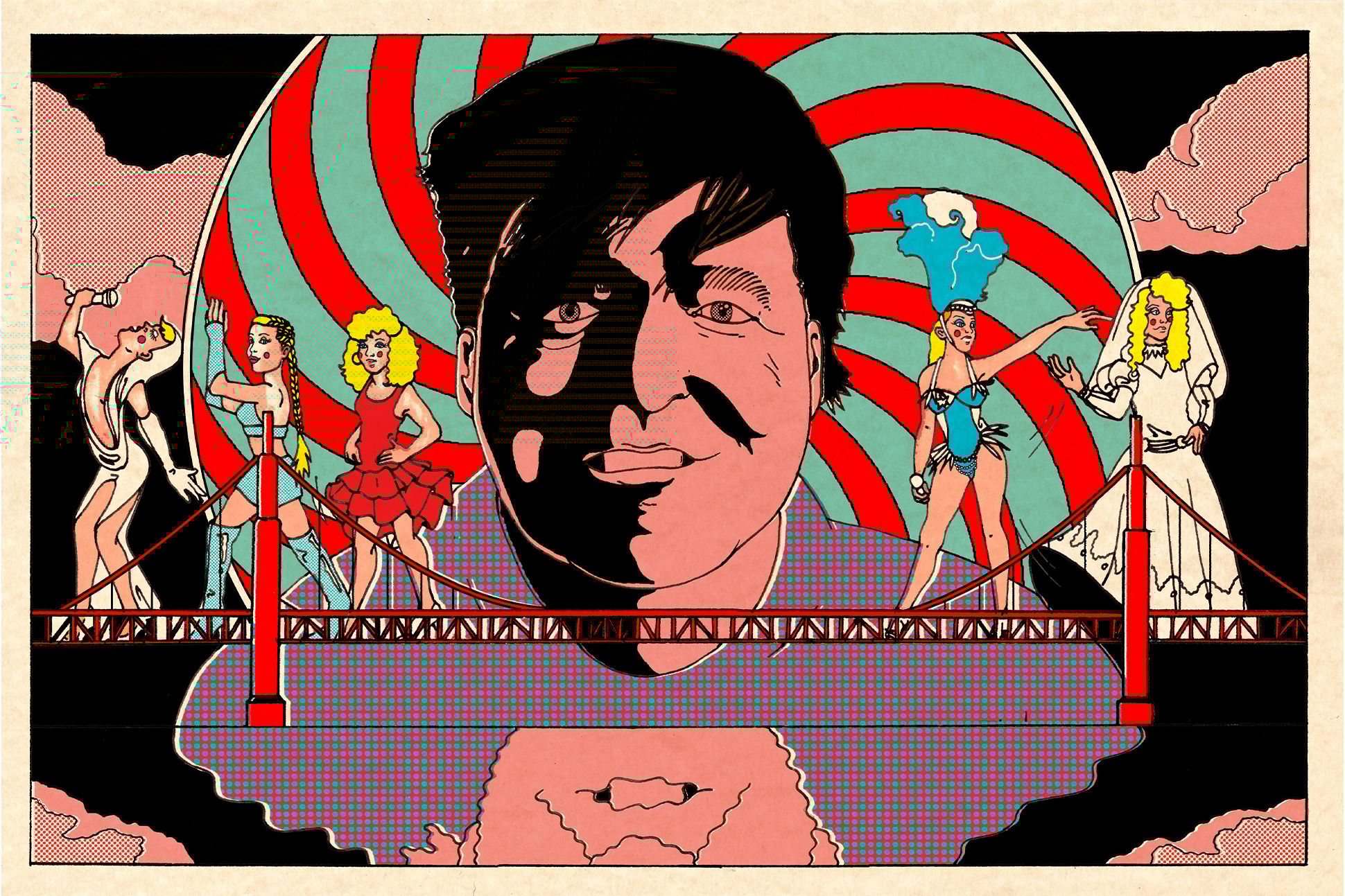 An illustration showing Kevin Killian's head floating above the Golden Gate Bridge while a procession of Kyle Minogue lookalikes perform nearby. In the background is a green-and-red spiral.