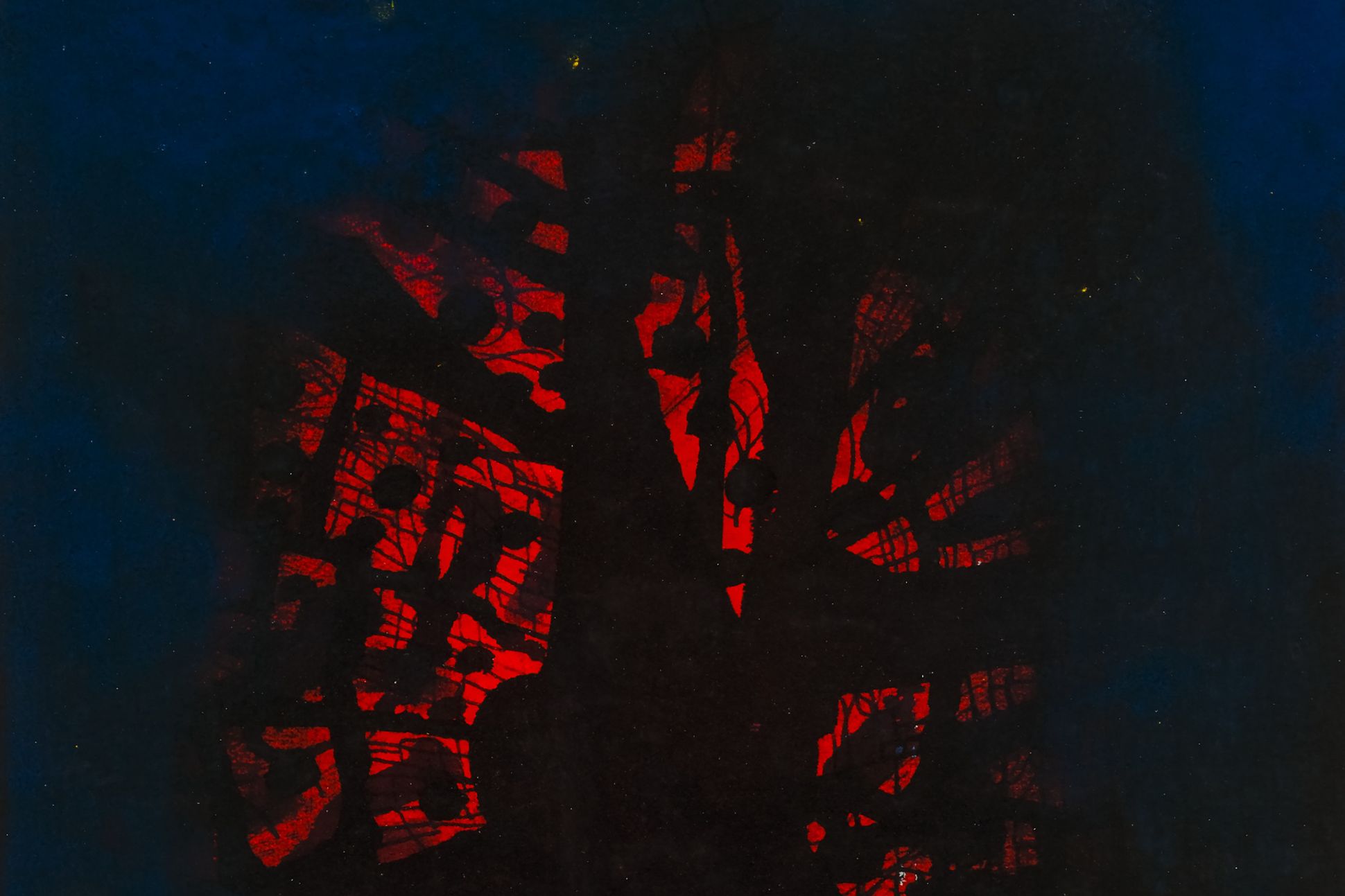A painting that shows a red, branching shape amidst blue and black darkness.