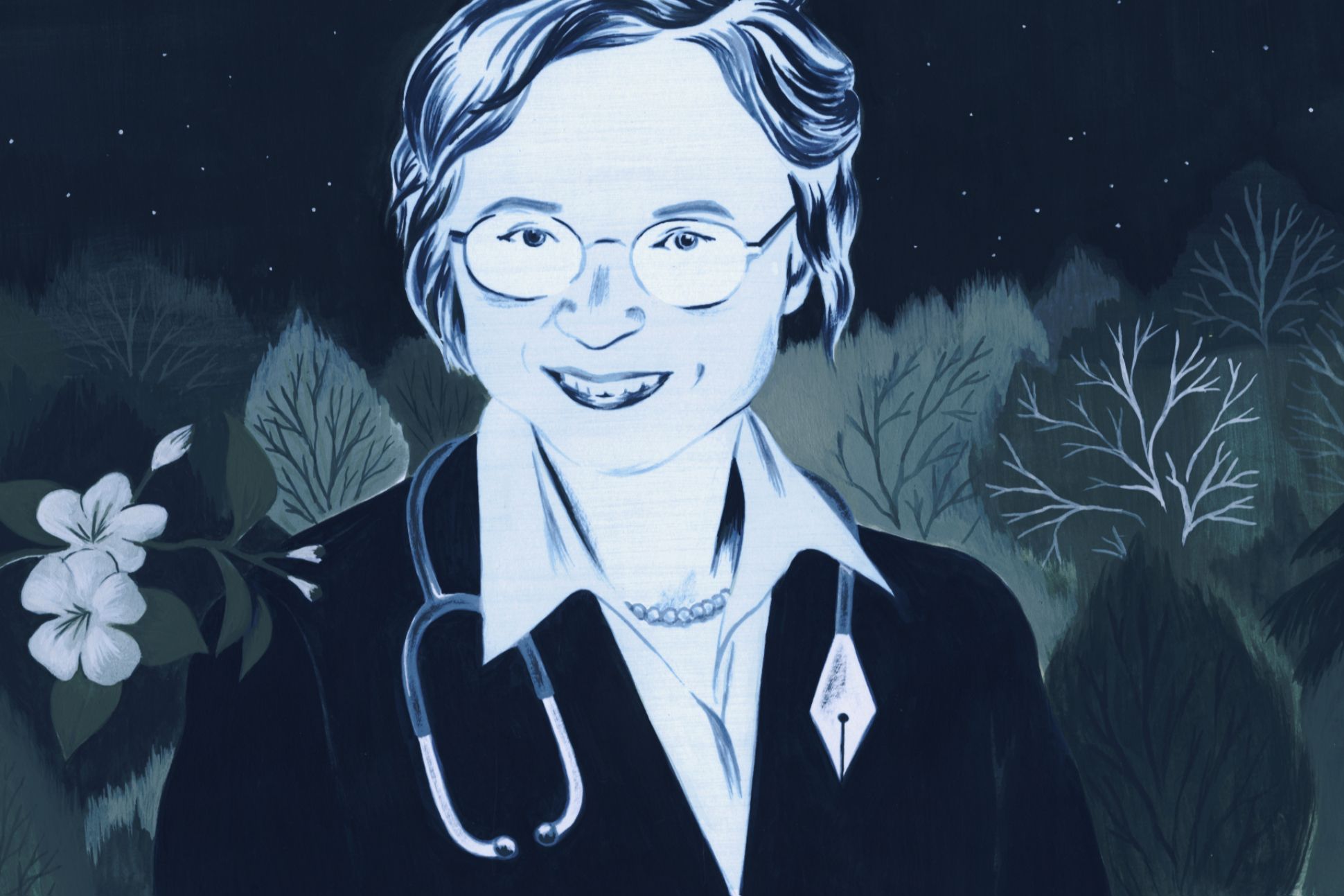 An illustration of Laura Gilpin wearing a stethoscope and standing in front of plants and flowers in a nighttime landscape.