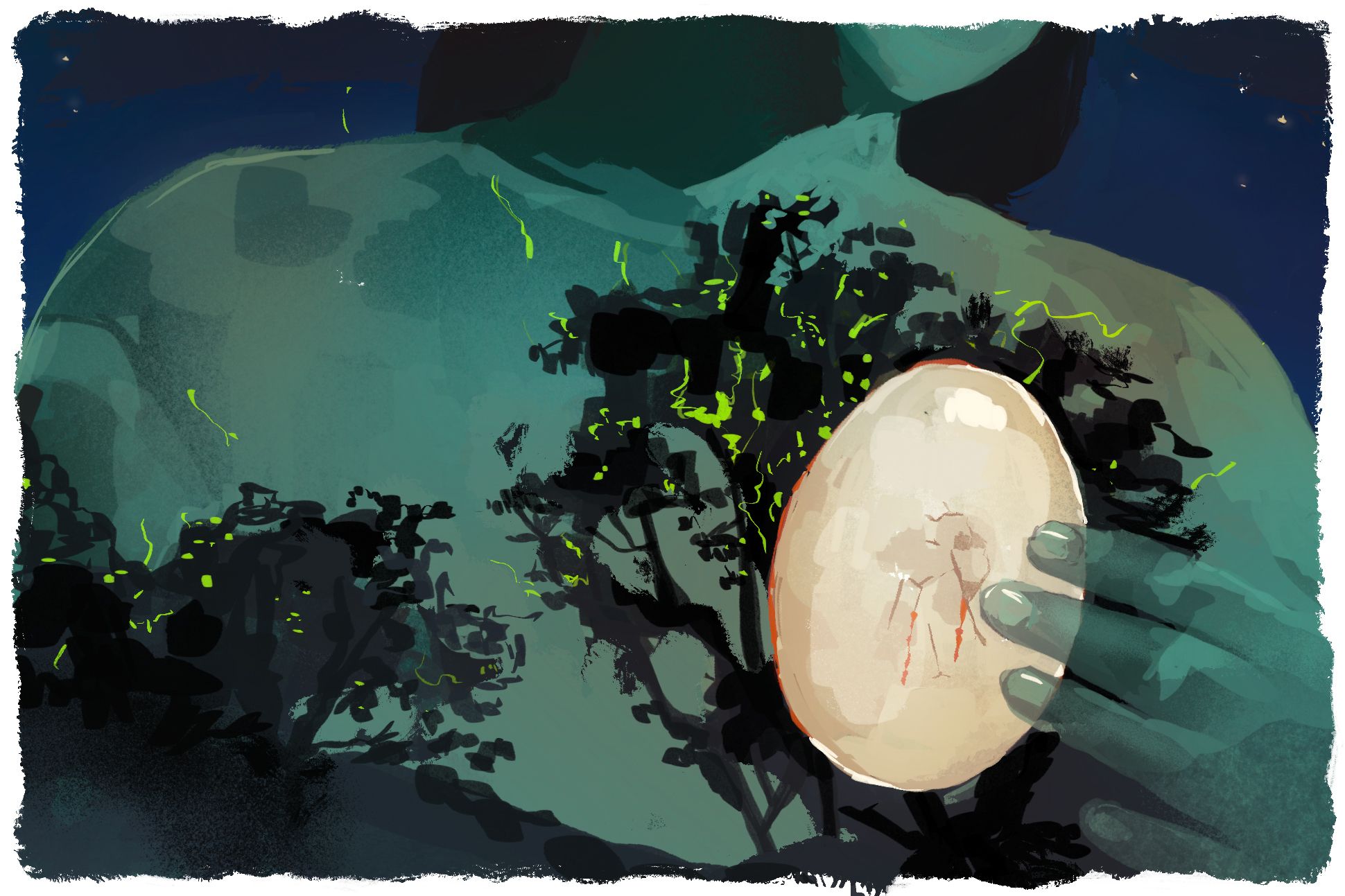 Color image featuring of a person holding an egg with fault lines in it against their heart. Only the person's upper body, neck, and lower edge of face/head, framed by dark hair, as well as the hand, are visible. Somewhat abstract silhouettes of trees and soldiers, with fireflies circling, appear on the person's torso.