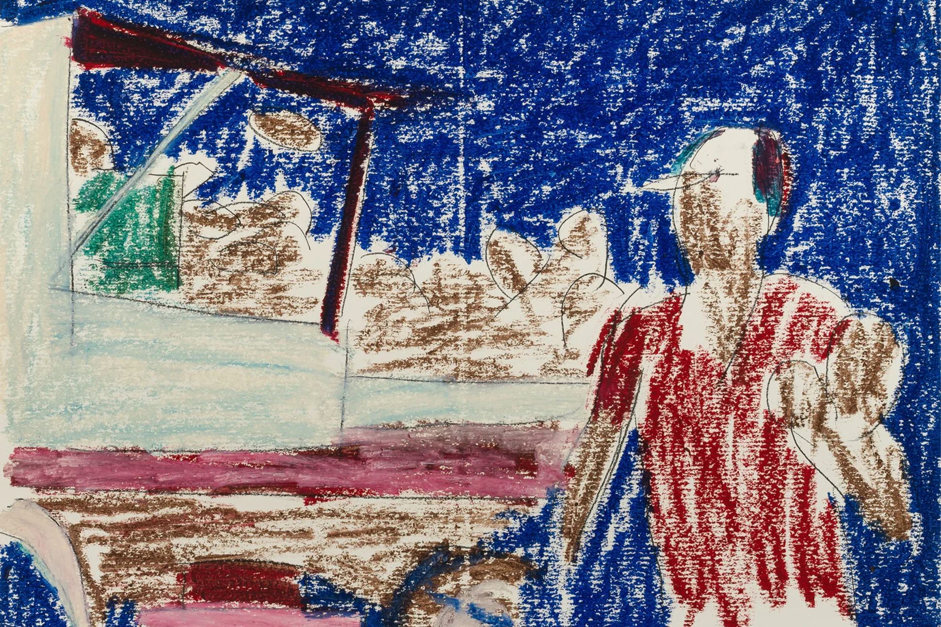A drawing of a figure in a red shirt and a hat standing next to an ambiguous vehicle, all against a deep blue backdrop.