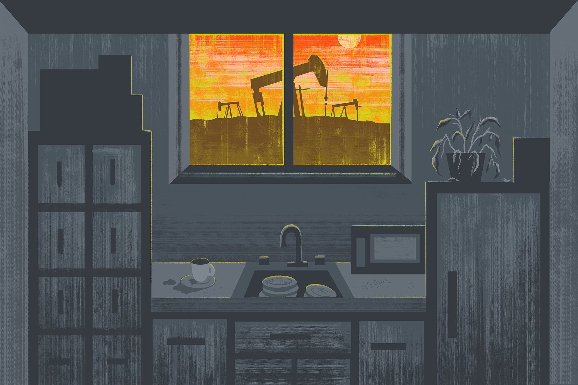 An illustration of a monochromatic kitchen whose window overlooks an oil derrick against an unnaturally orange sky.