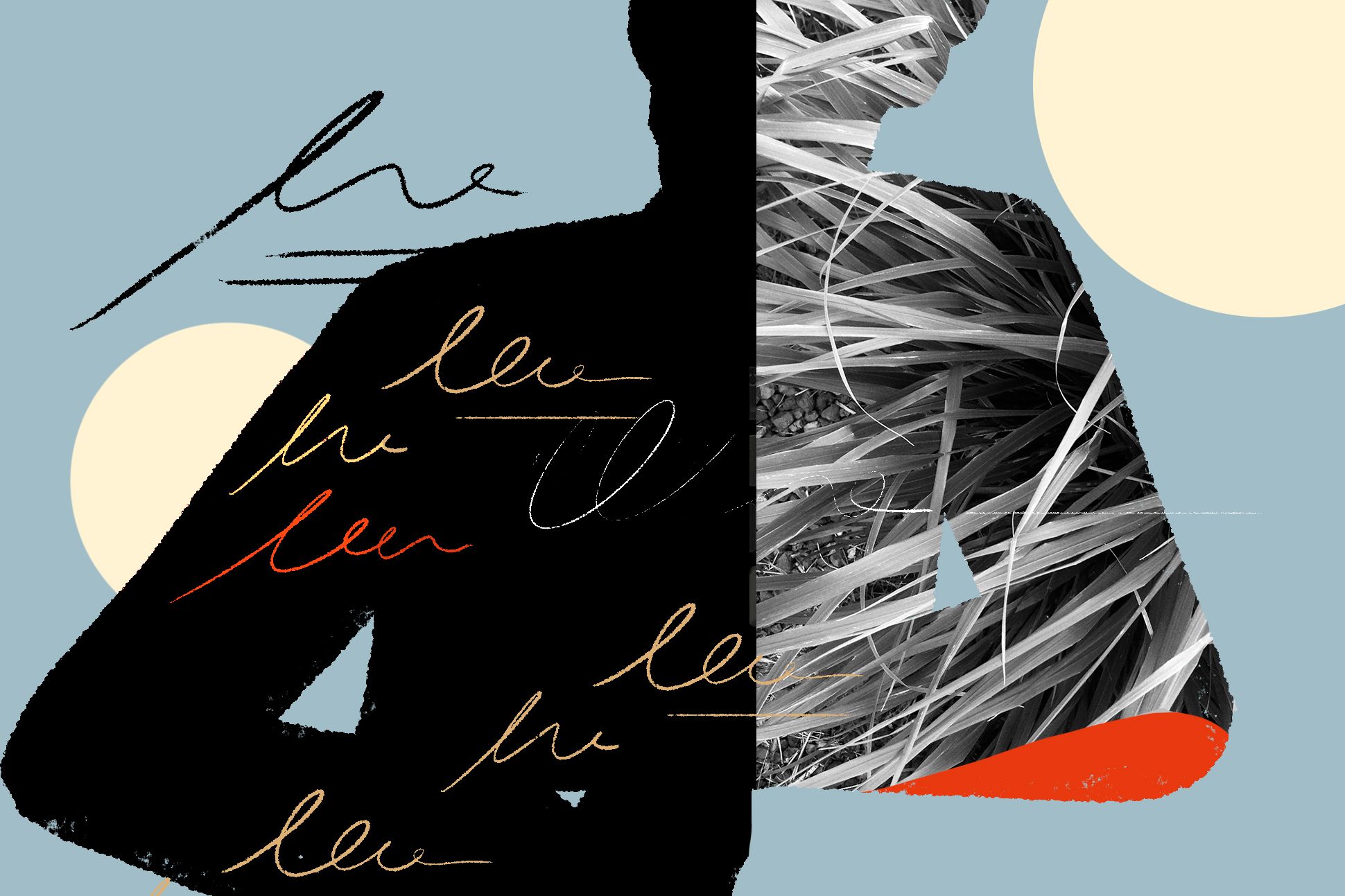 Illustration of a person. On the left they are in relief with writing over them, and on the right, the inside of the figure is reveals various materials.