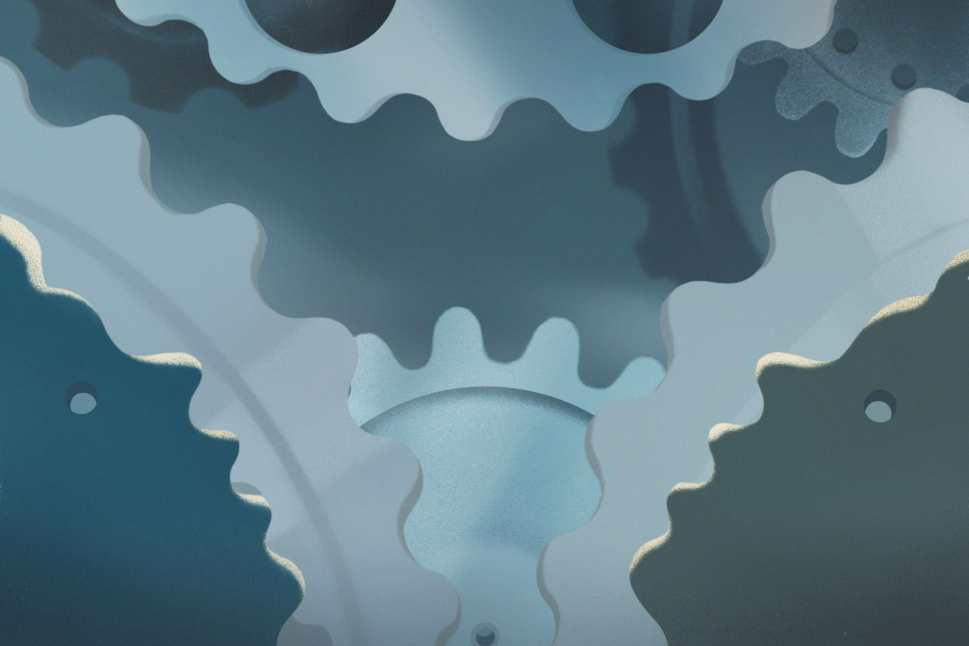 A metallic and blue-hued illustration of two faces integrated into the gears of a machine.