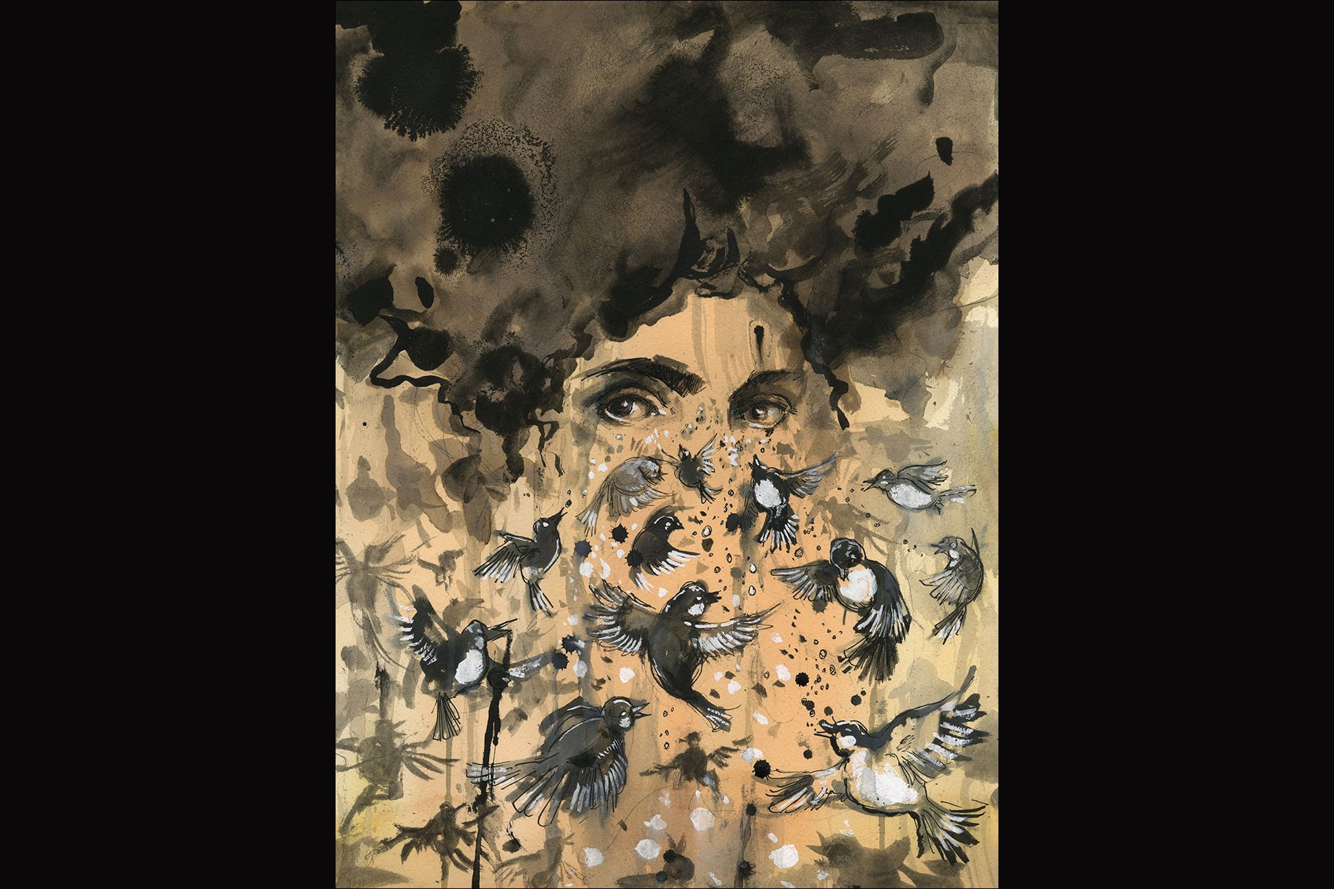 Watercolor painting in black, white, and light skin tones, with a woman's eyes peering out from underneath a thick head of black hair with hordes of birds pecking in the foreground and background, appearing to nibble at birdseed.