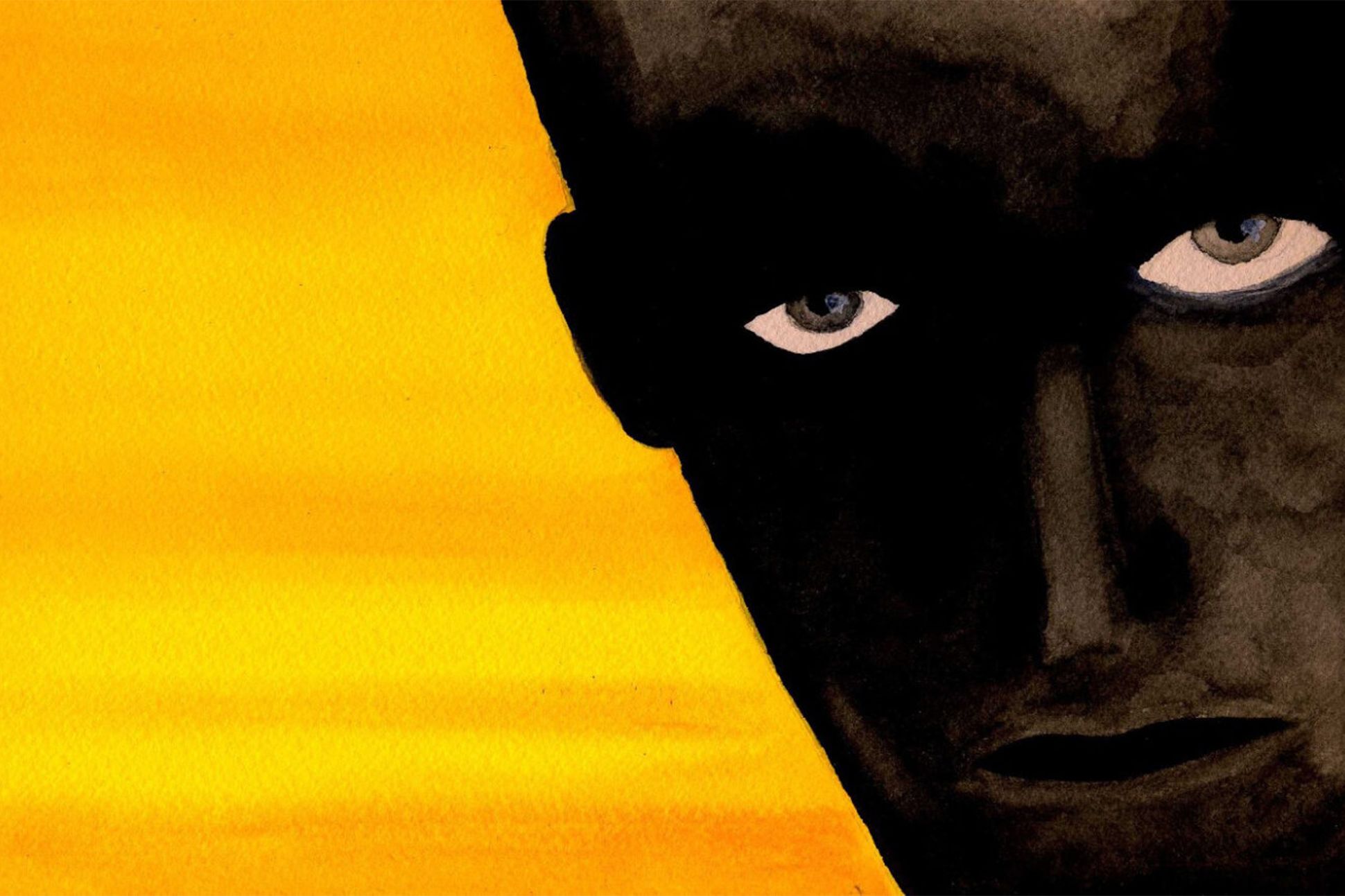 A painting of a dark figure with bright eyes peering from the right edge of a yellow backdrop.