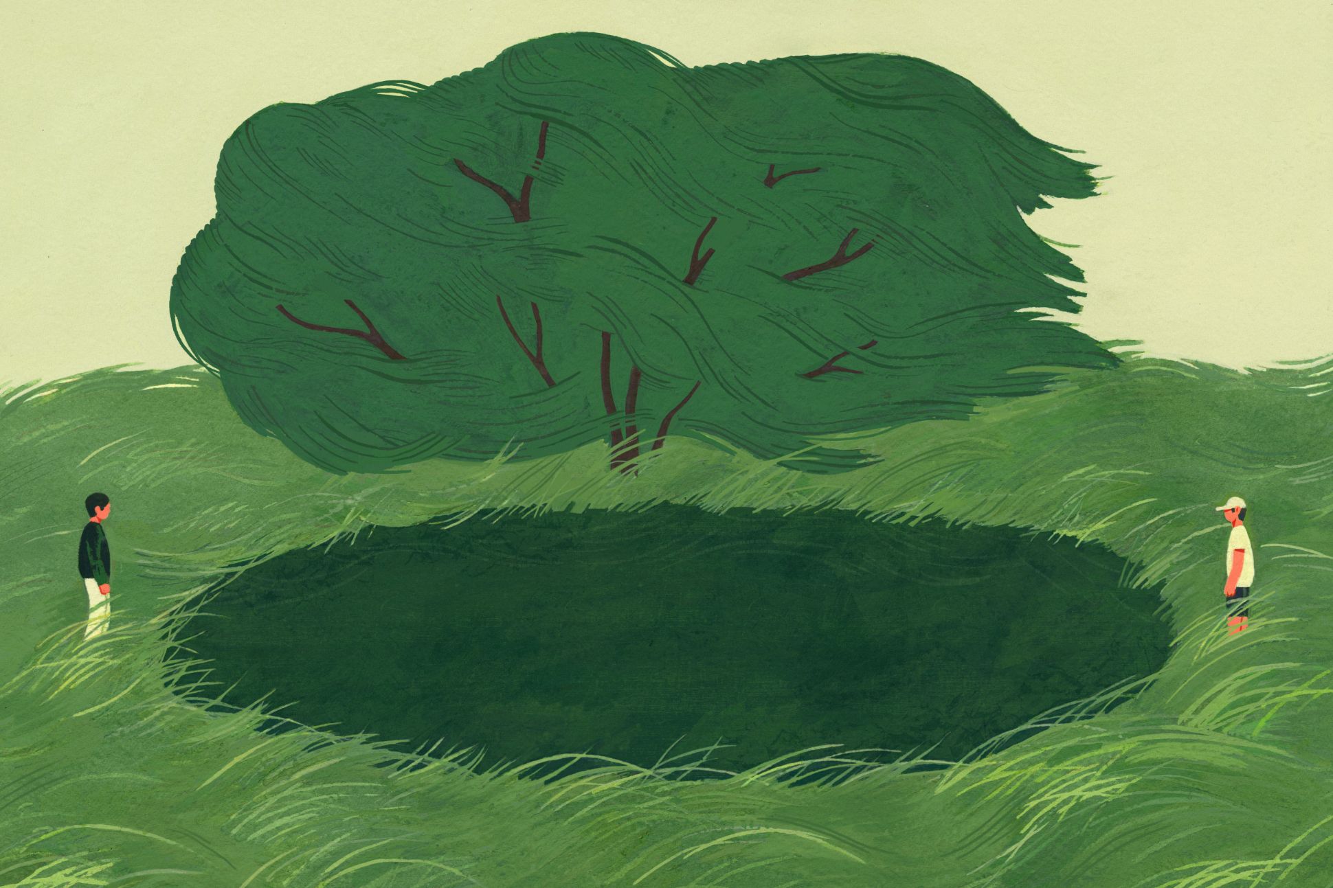 An illustration that shows two men standing on opposite sides of a small, green pond in a grassy field. A tree sways in the wind behind them.