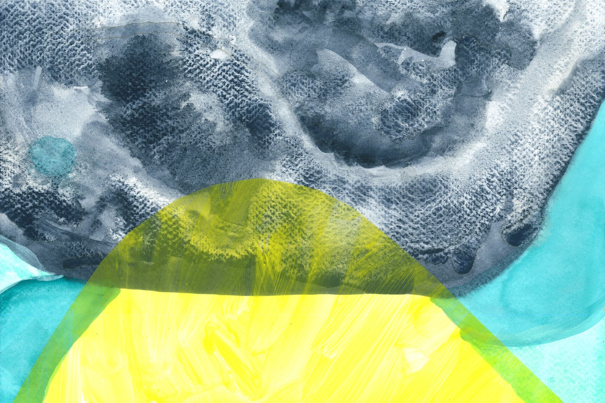 An abstract image of dark gray swirls appears amid a background of aqua and yellow.