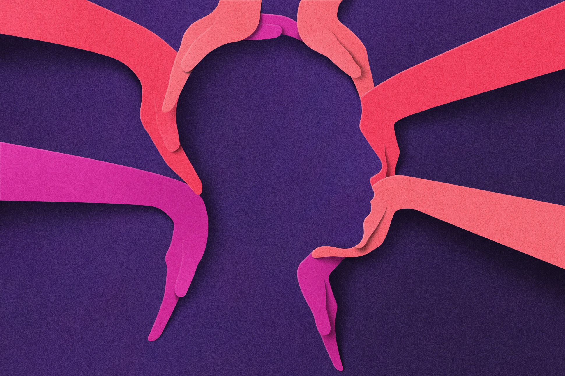 Hands in vibrant shades of magenta and pink form a face from a purple background.