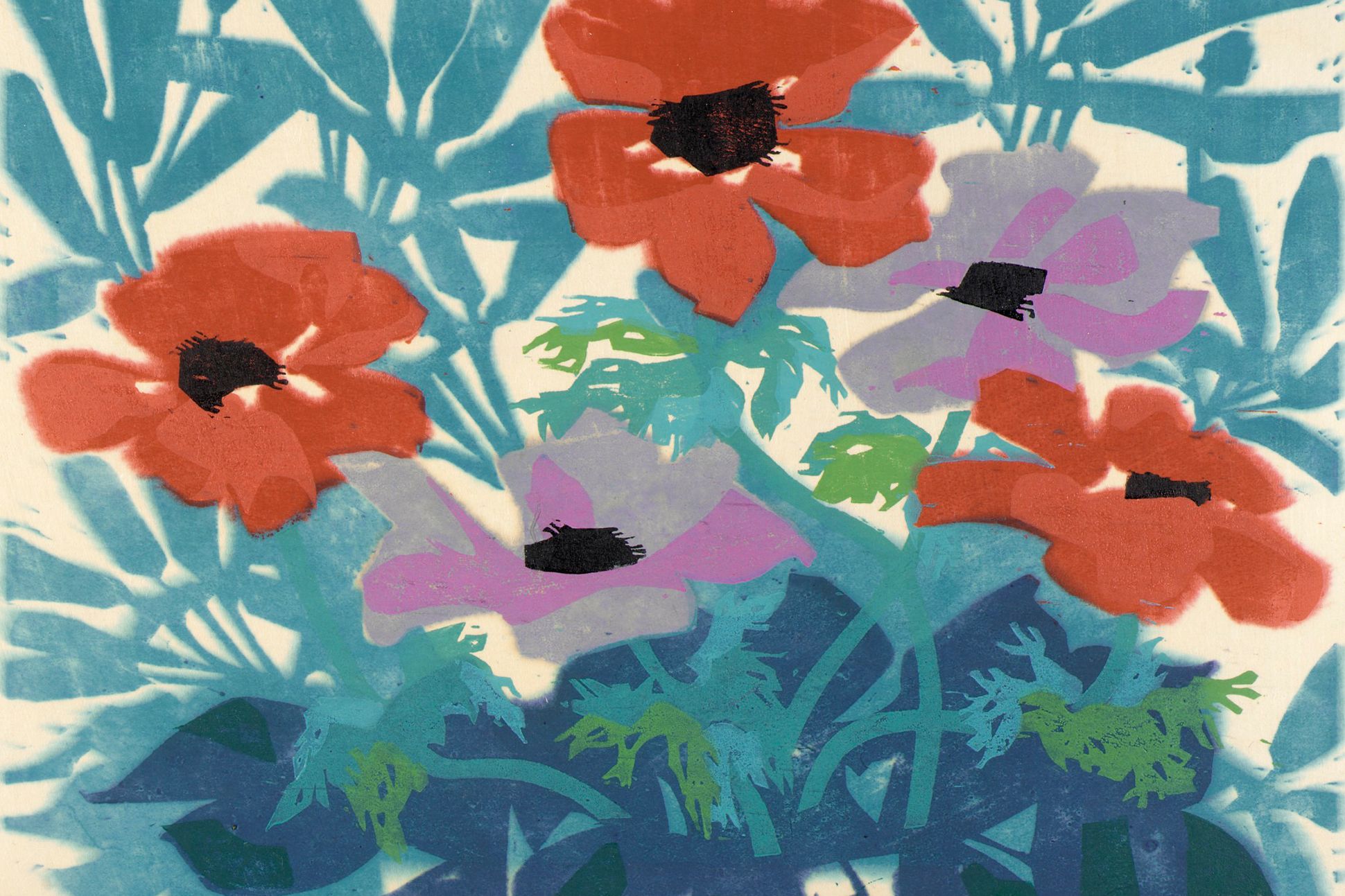 An illustration of brightly-colored flowers and stems and leaves.