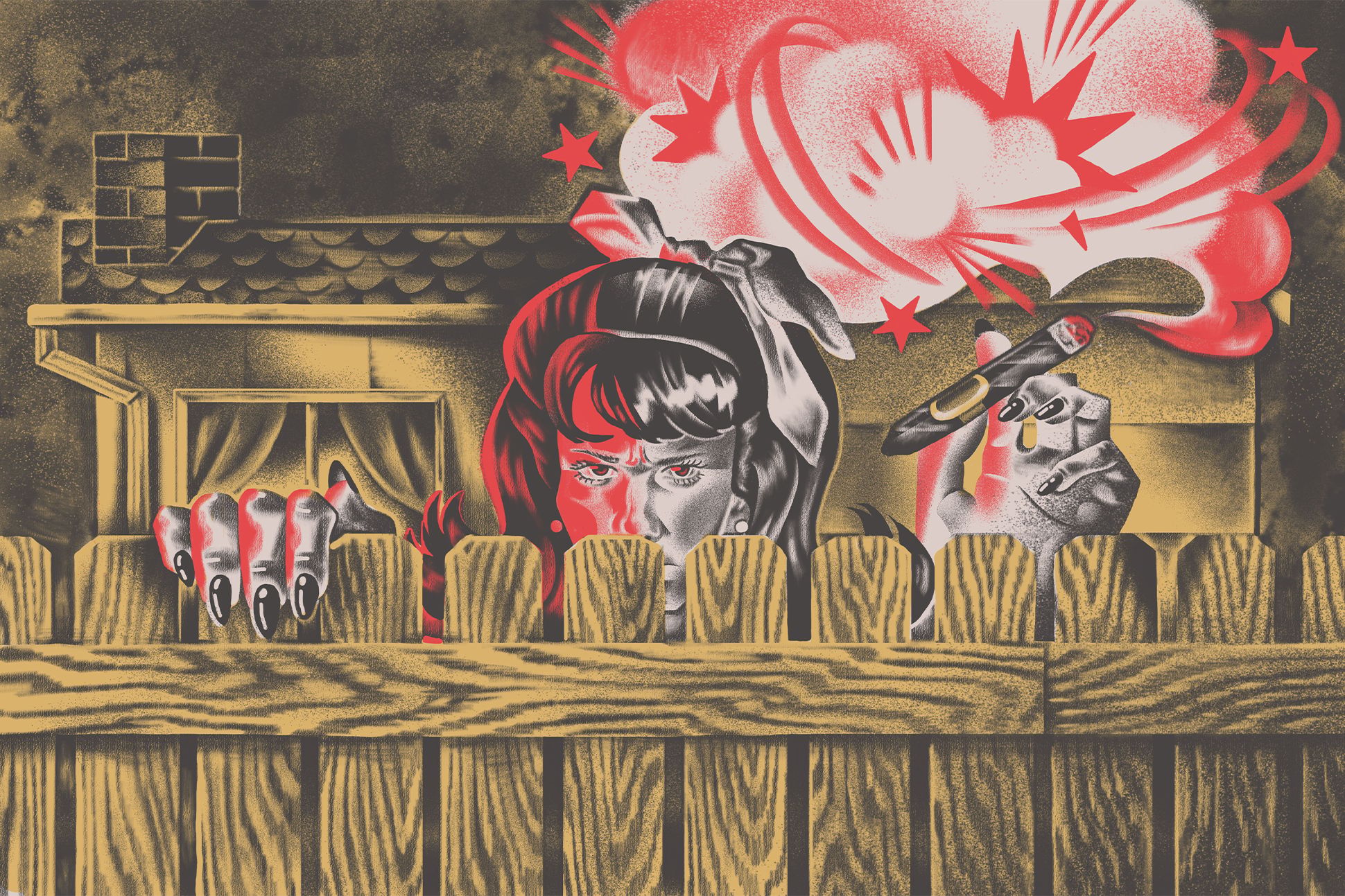 An illustration of a woman looking over a fence in a suburban neighborhood. She holds a cigar; behind her is a red explosion.