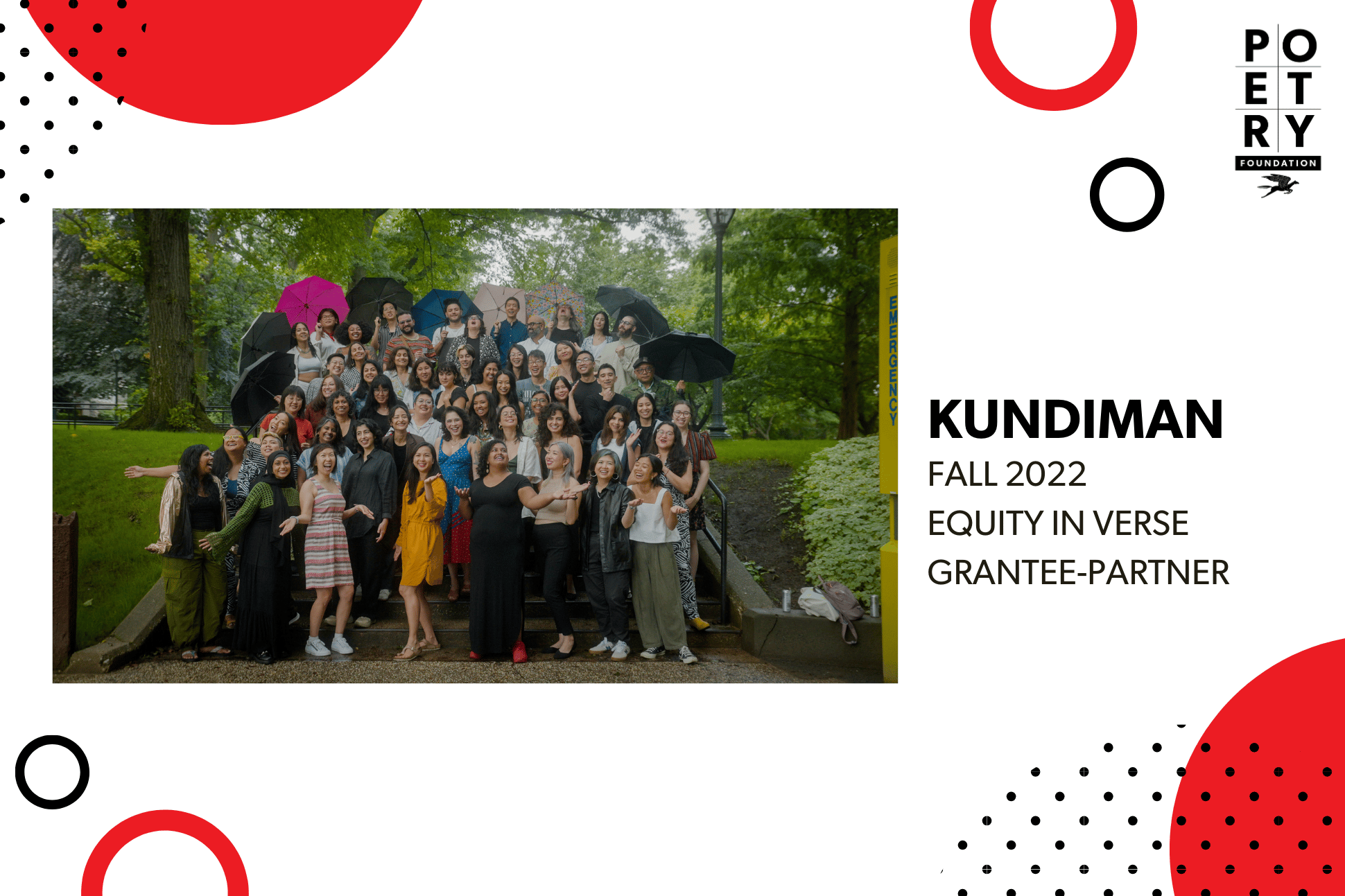 A large group of people consisting of Kundiman’s 2023 Retreat Fellows, Faculty, and Staff smiling on the steps of Fordham University’s Rose Hill campus.