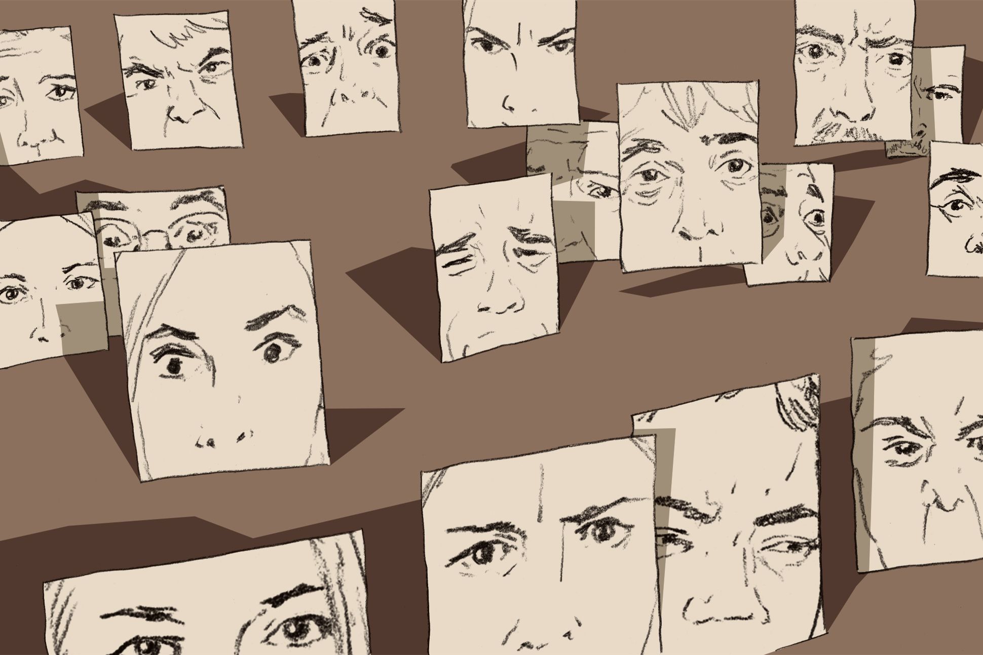 Various expressive faces, in frames, against a brown background.