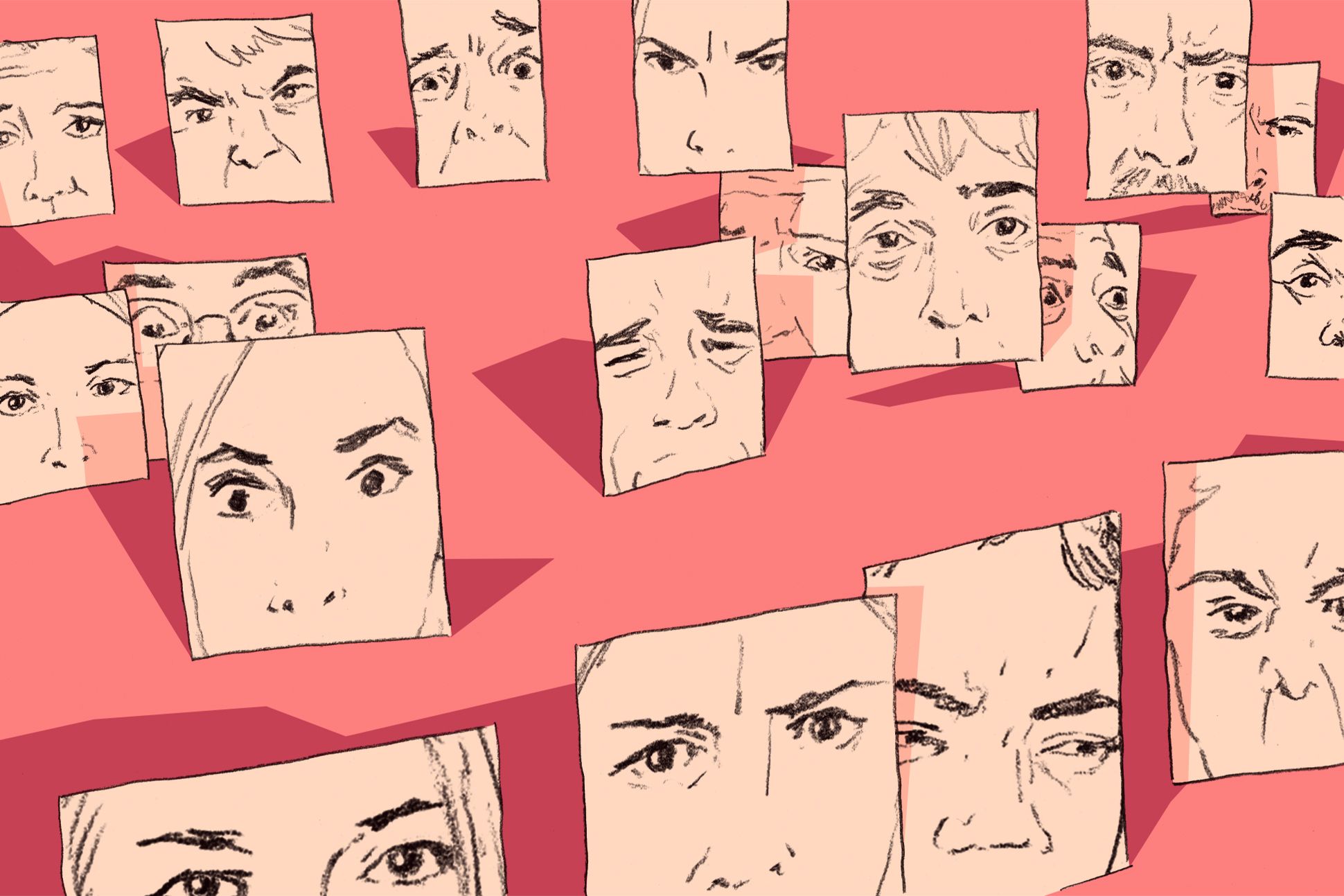 Various expressive faces, in frames, against a pink background.