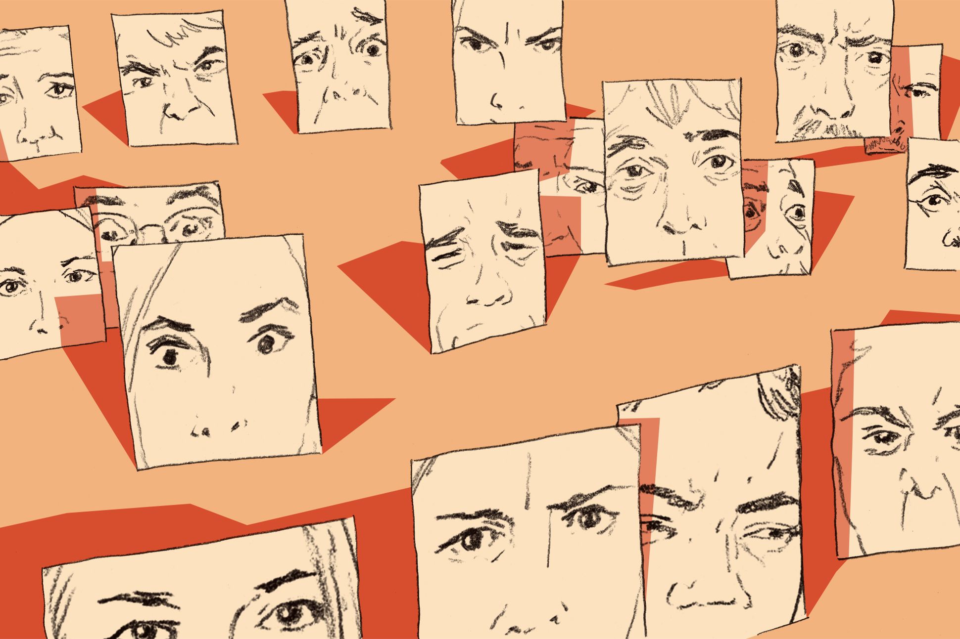 Various expressive faces, in frames, against an orange background.