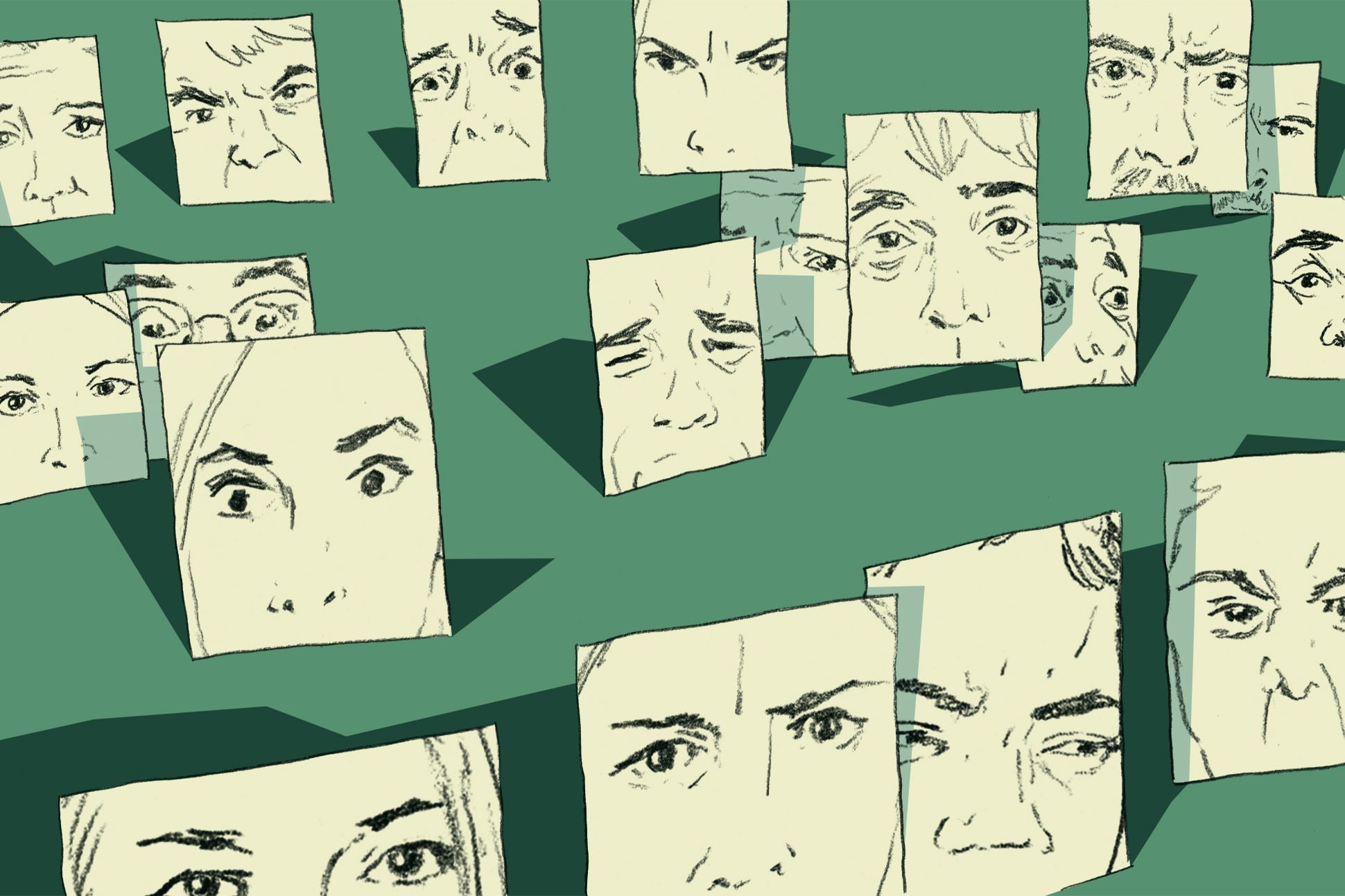 Various expressive faces, in frames, against a green background.