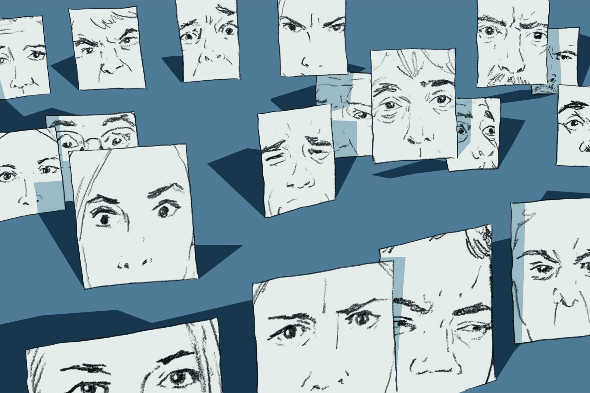 Various expressive faces, in frames, against a mid-blue background.