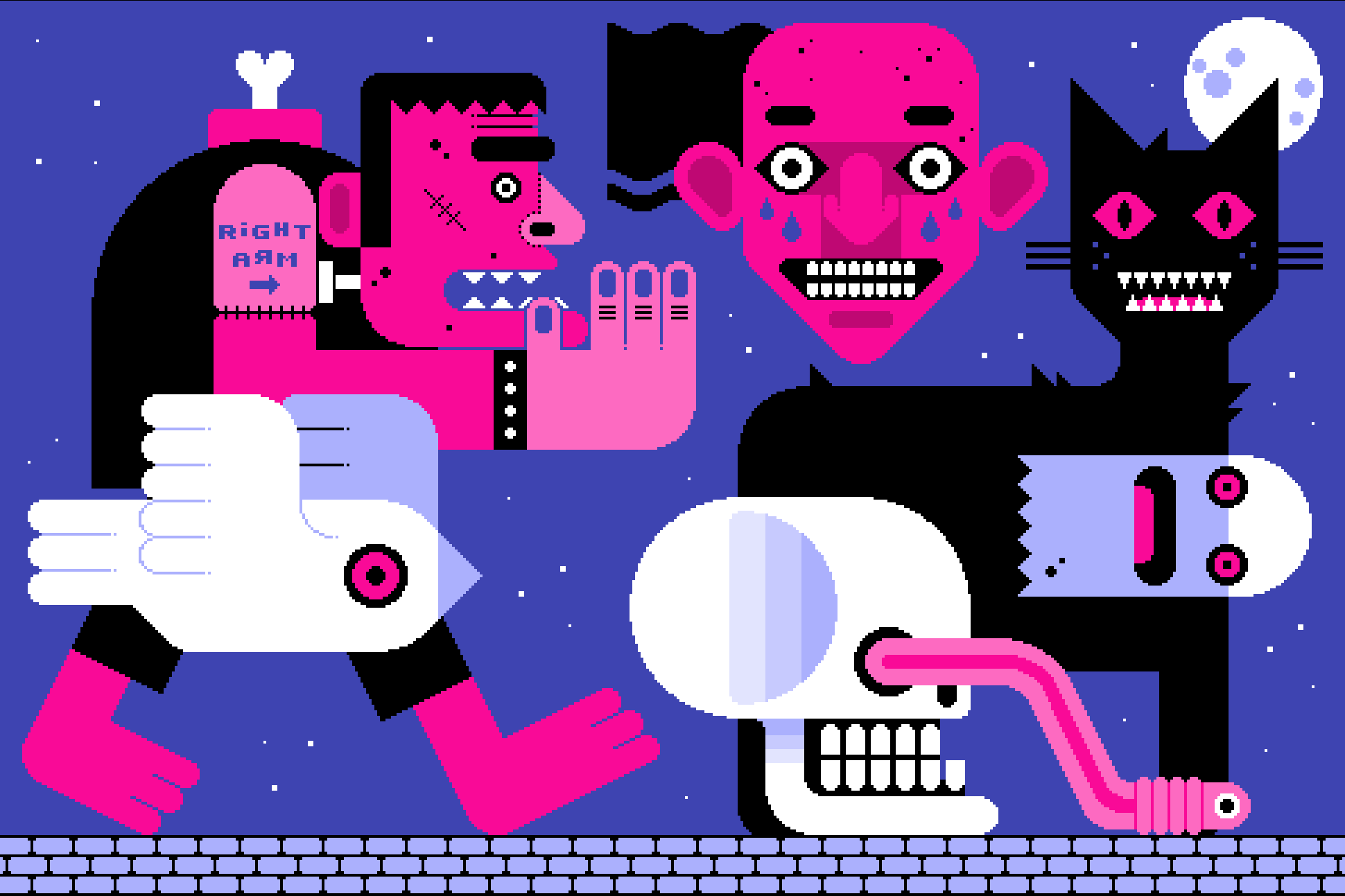 Halloween animation of characters including a black cat, ghost, skull and Frankenstein's monster on a dark blue night sky background with full moon