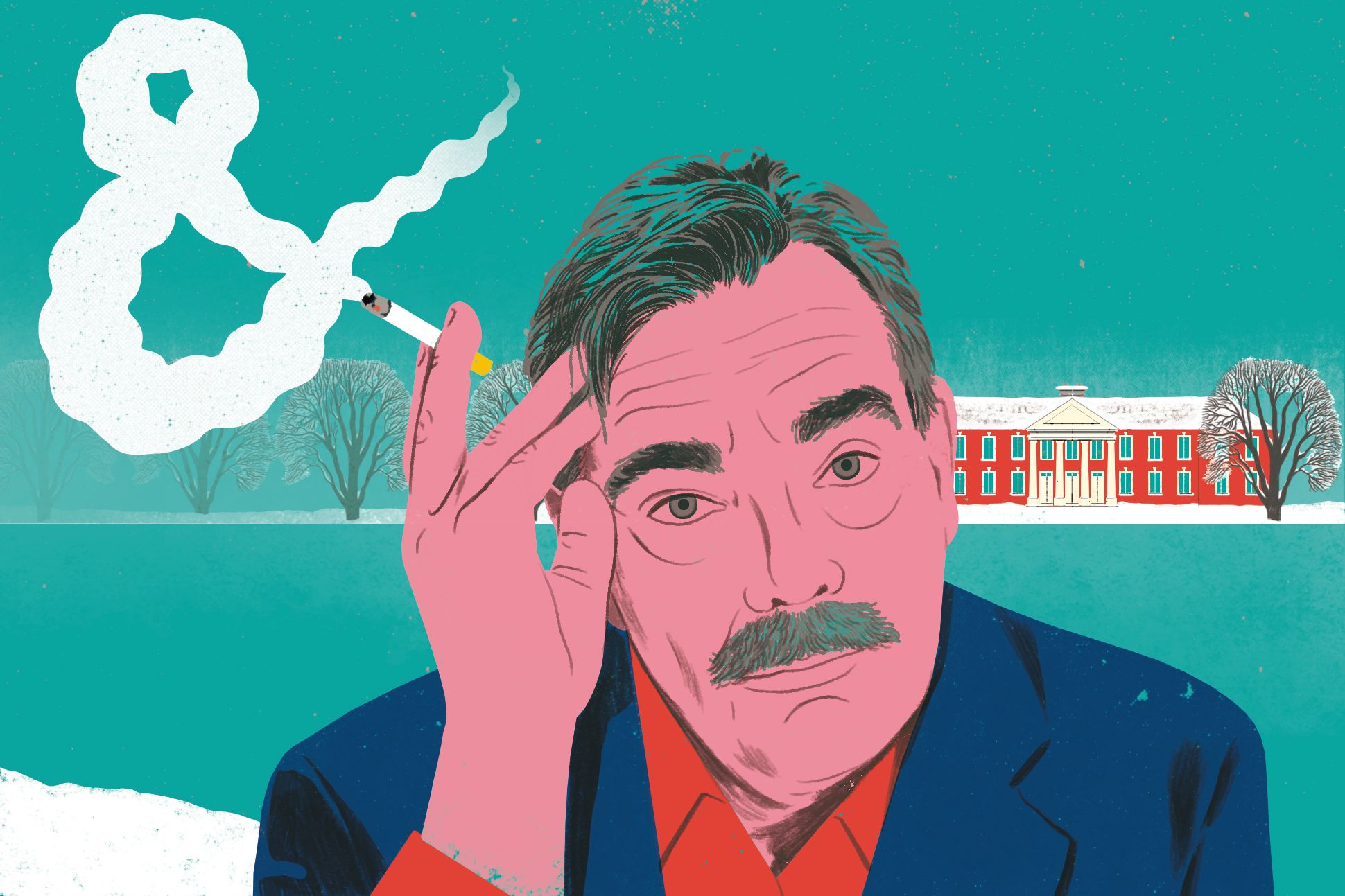 An illustration of Larry Levis holding a cigarette whose smoke forms an ampersand in the air beside him. In the background is a wintry landscape of a lake and a college building.