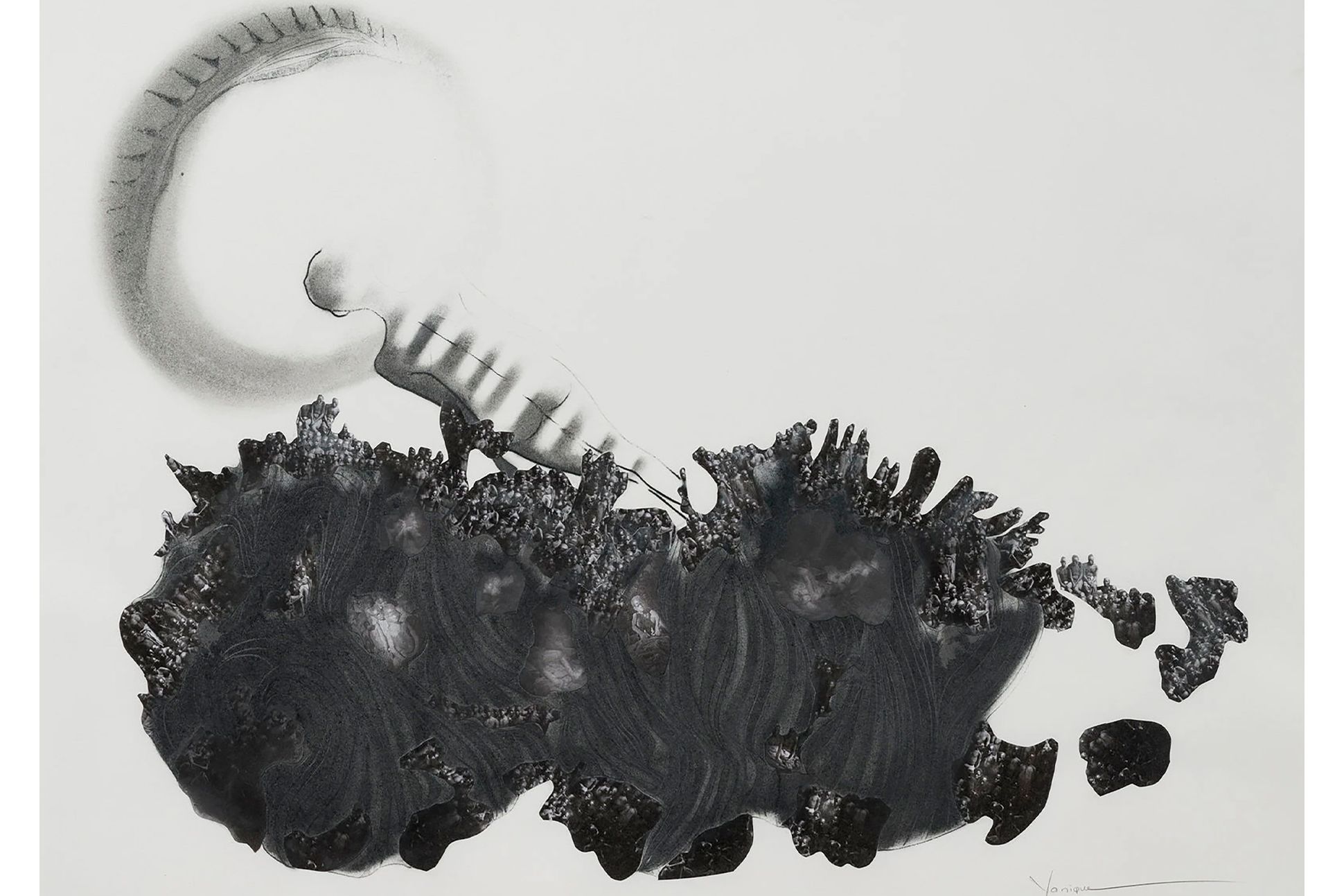 A black-and-white image of a dark mass lifting up a ghostly body.