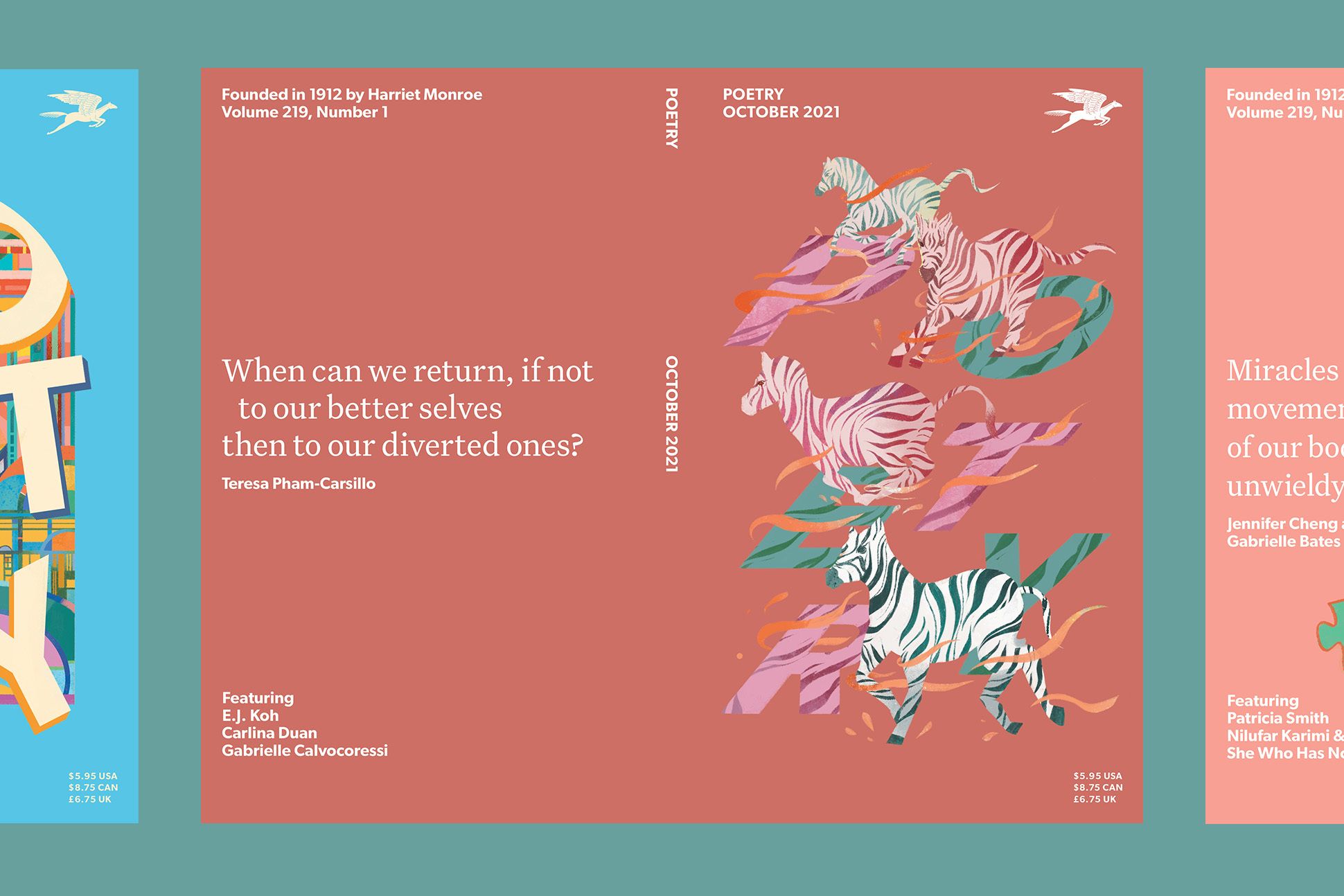 Cover of the October 2021 issue of POETRY, front and back, shows a large quote on the left and the word "POETRY" in a grid on the right, with with zebras running through the letters.