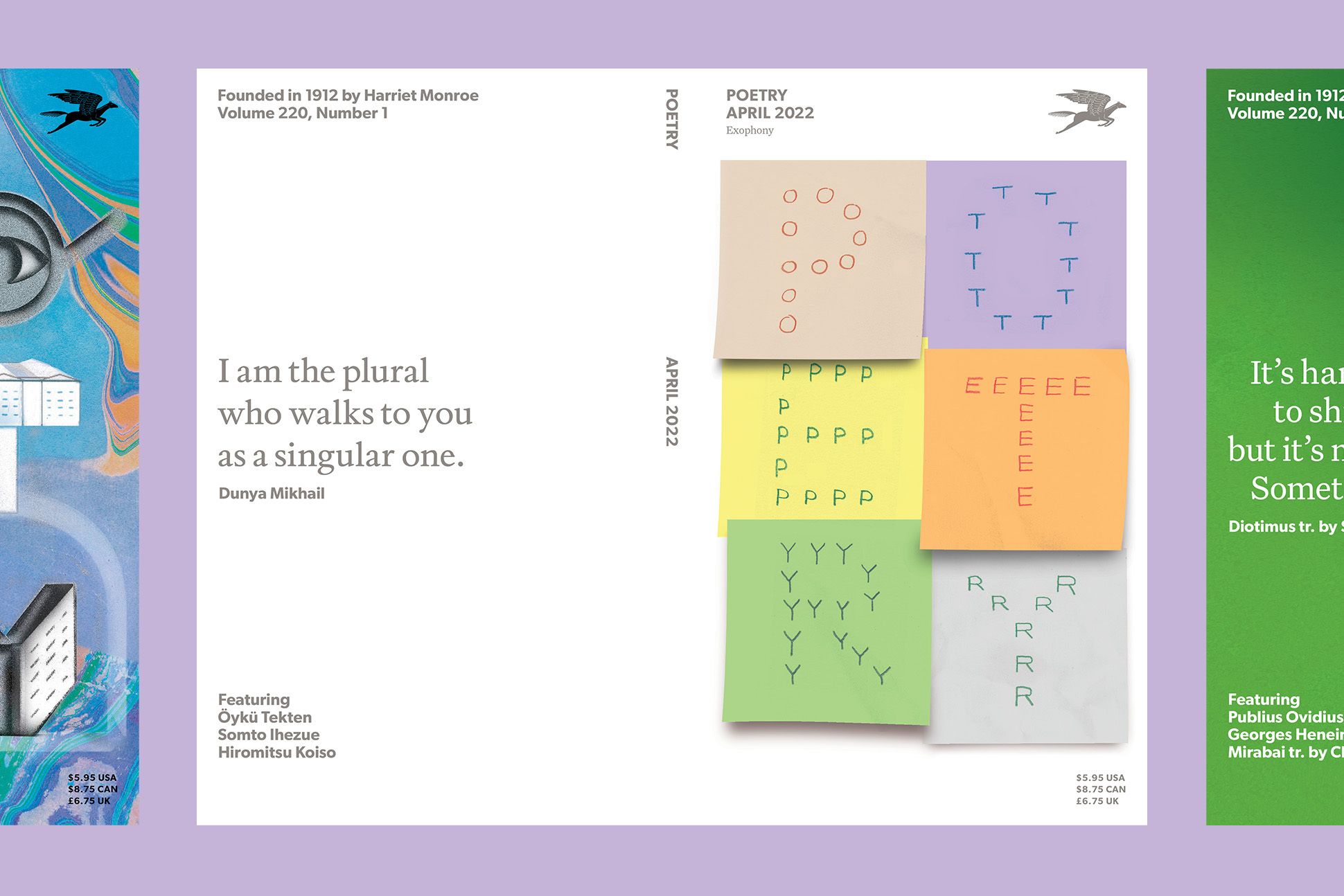 Cover of the April 2022 issue of POETRY, front and back, shows a large quote on the left and the word "POETRY" in a grid on the right, made of letters on different post-it notes.