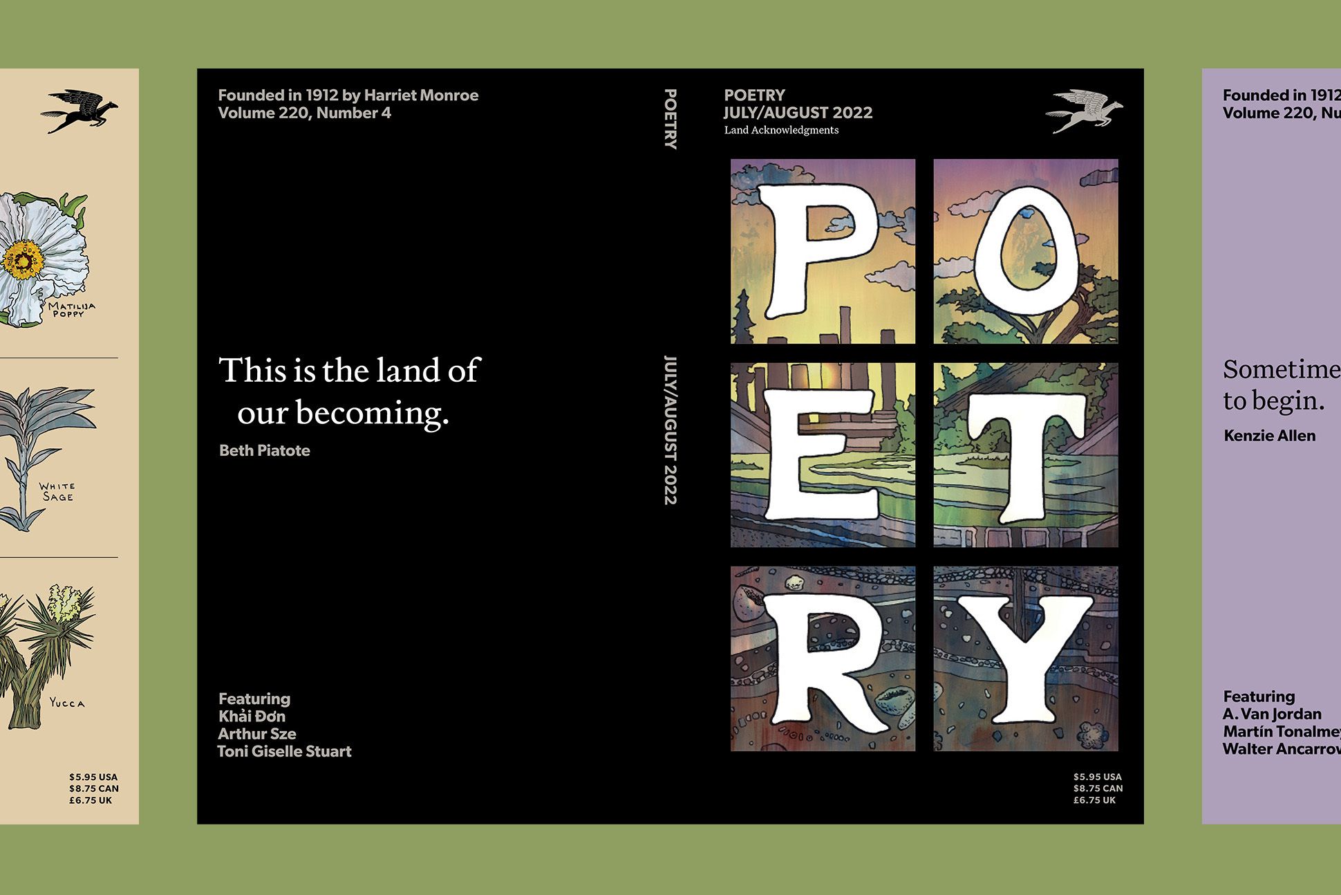 Cover of the July/Aug 2022 issue of POETRY, front and back, shows a large quote on the left and the word "POETRY" in a grid on the right, with an illustrated background of a natural landscape with a city in the background and trash in the water.