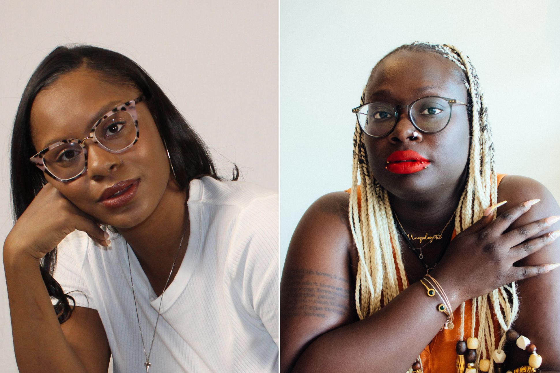 Left: A Black woman (Dawkins) is sitting on a teal armchair in front of a white background. She is wearing a white ribbed shirt, black faux leather pants, and thigh high boots. Her hair is straight. She’s wearing gold hoop earrings and pink and brown spot