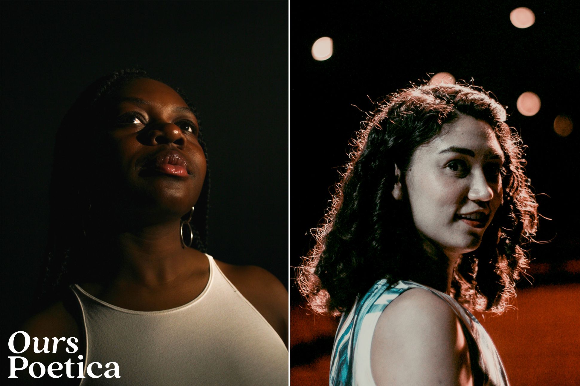 Left: A dark-skinned woman in white tank top (Abotsi) lifts her head toward a warm light source, emerging from a dark background.  Right: a light-skinned woman with curly brown hair smiles over her shoulder; behind her are soft, blurry lights.