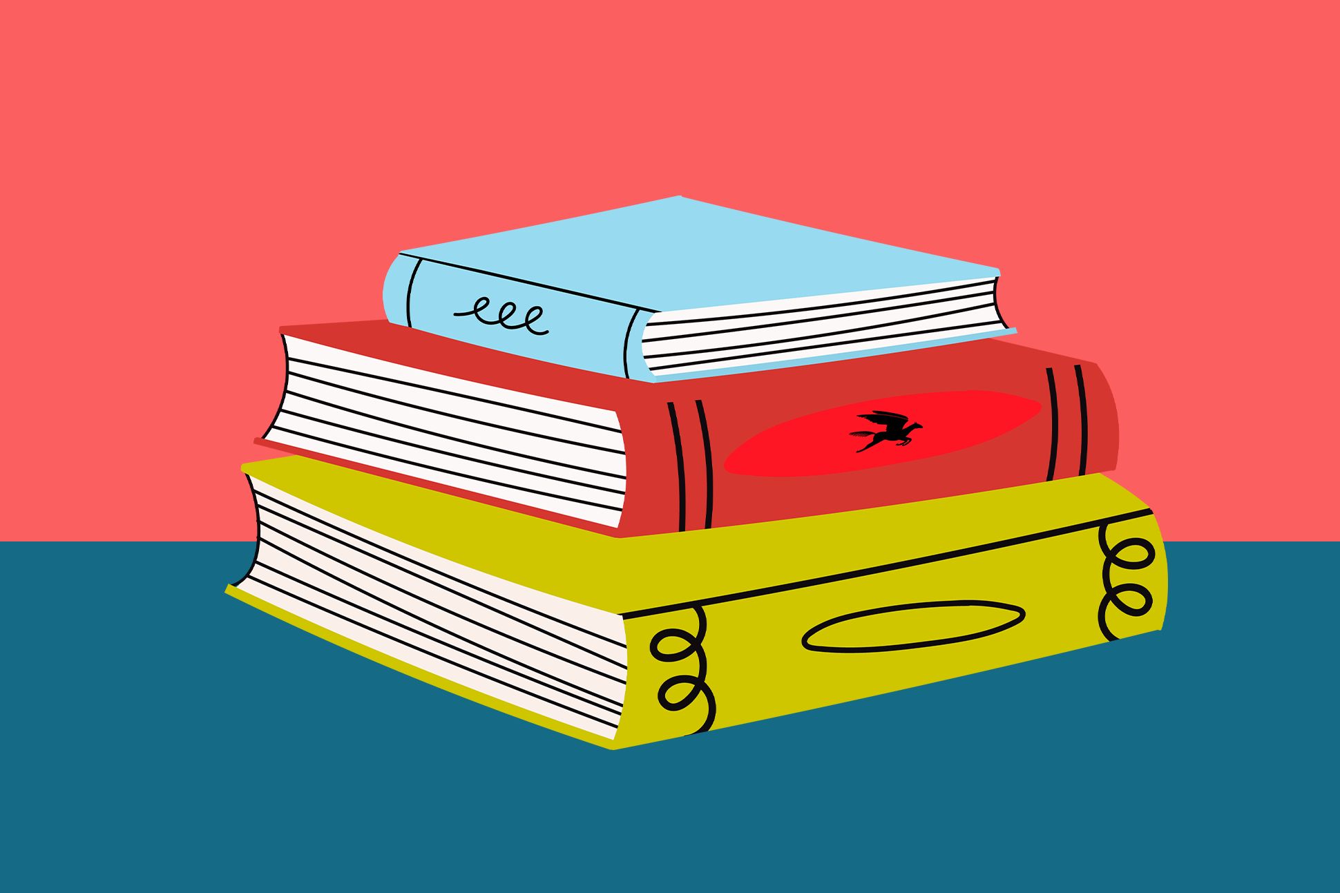 An illustration of three multi-colored stacked books.