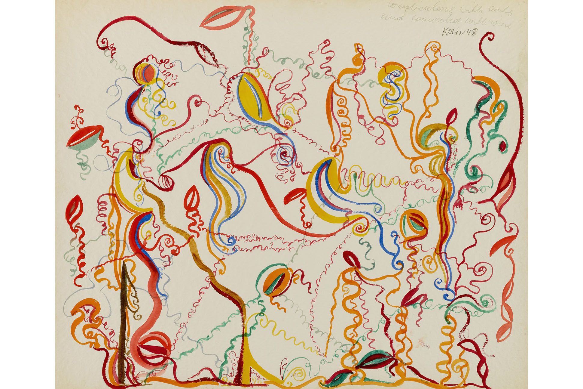 Colorful, squiggly line drawings in reds, greens, blues, oranges, yellows, watercolor on white paper.