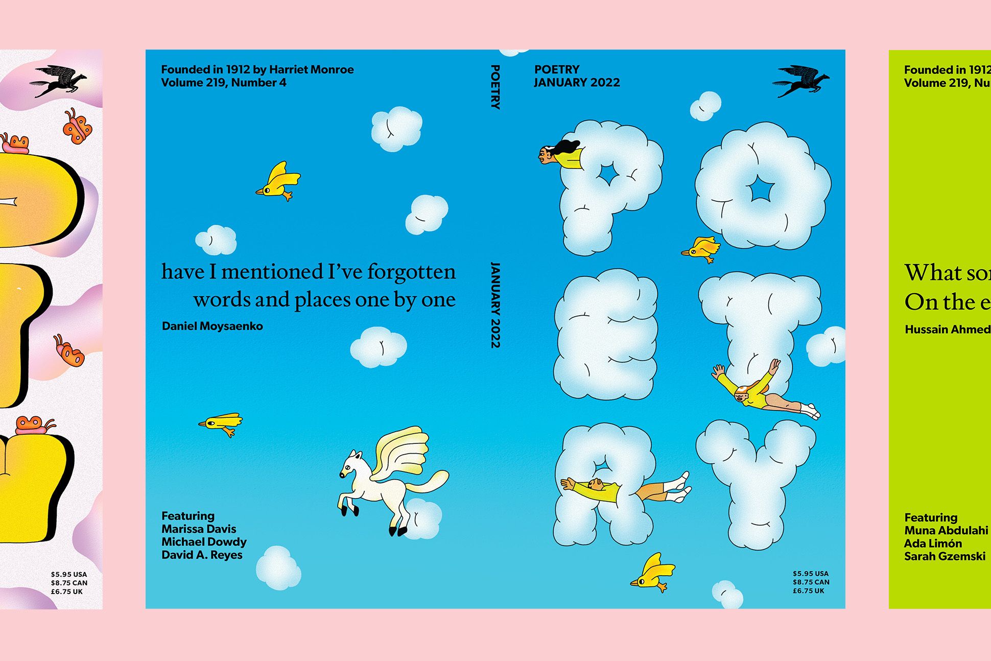 Cover of the Jan 2022 issue of POETRY, front and back, shows a large quote on the left and the word "POETRY" in a grid on the right, with unicorns, birds, and people flying through clouds.
