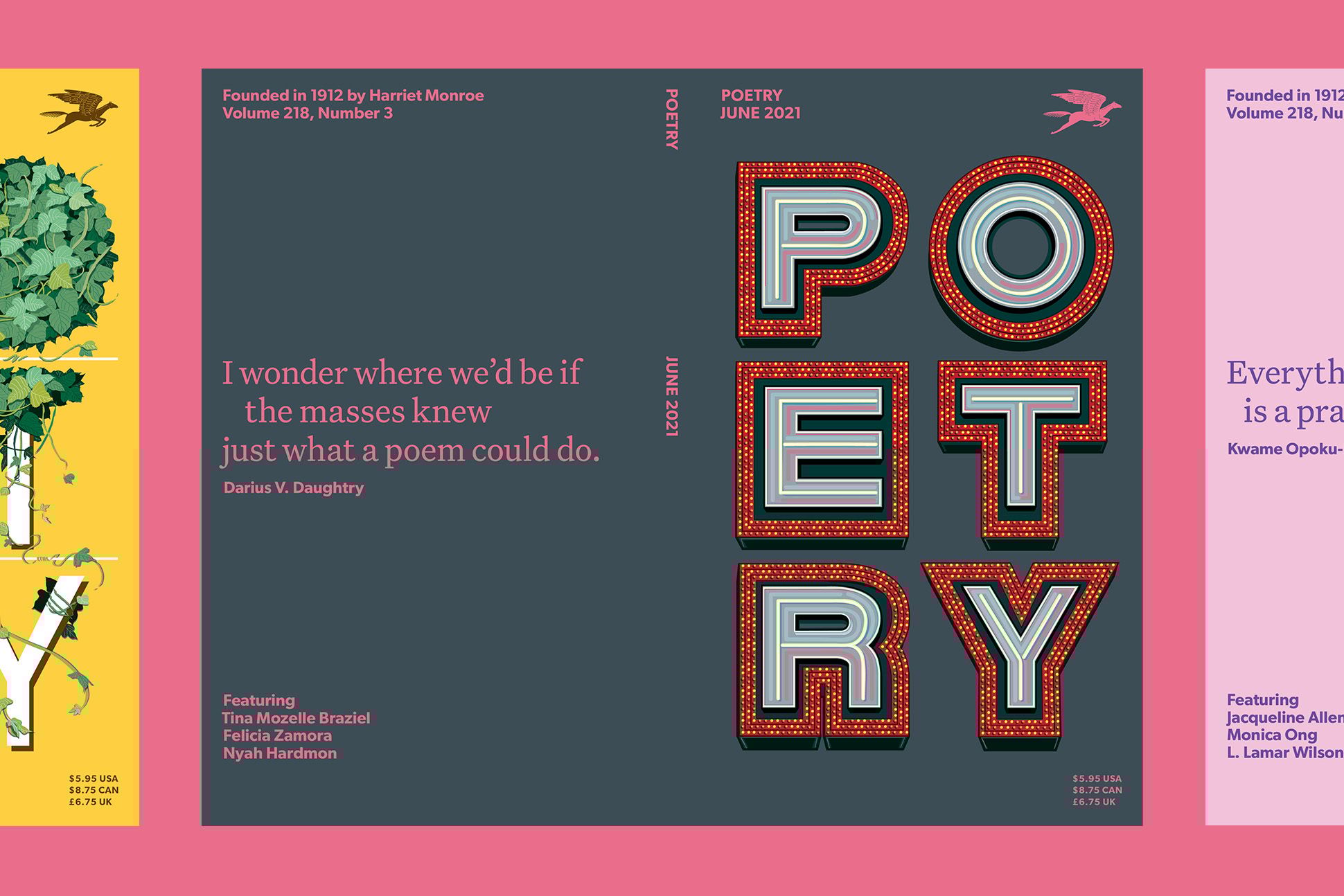 Cover of the June 2021 issue of POETRY, front and back, shows a large quote on the left and on the right the word "POETRY" in a grid, in the style of theater marquee lights.