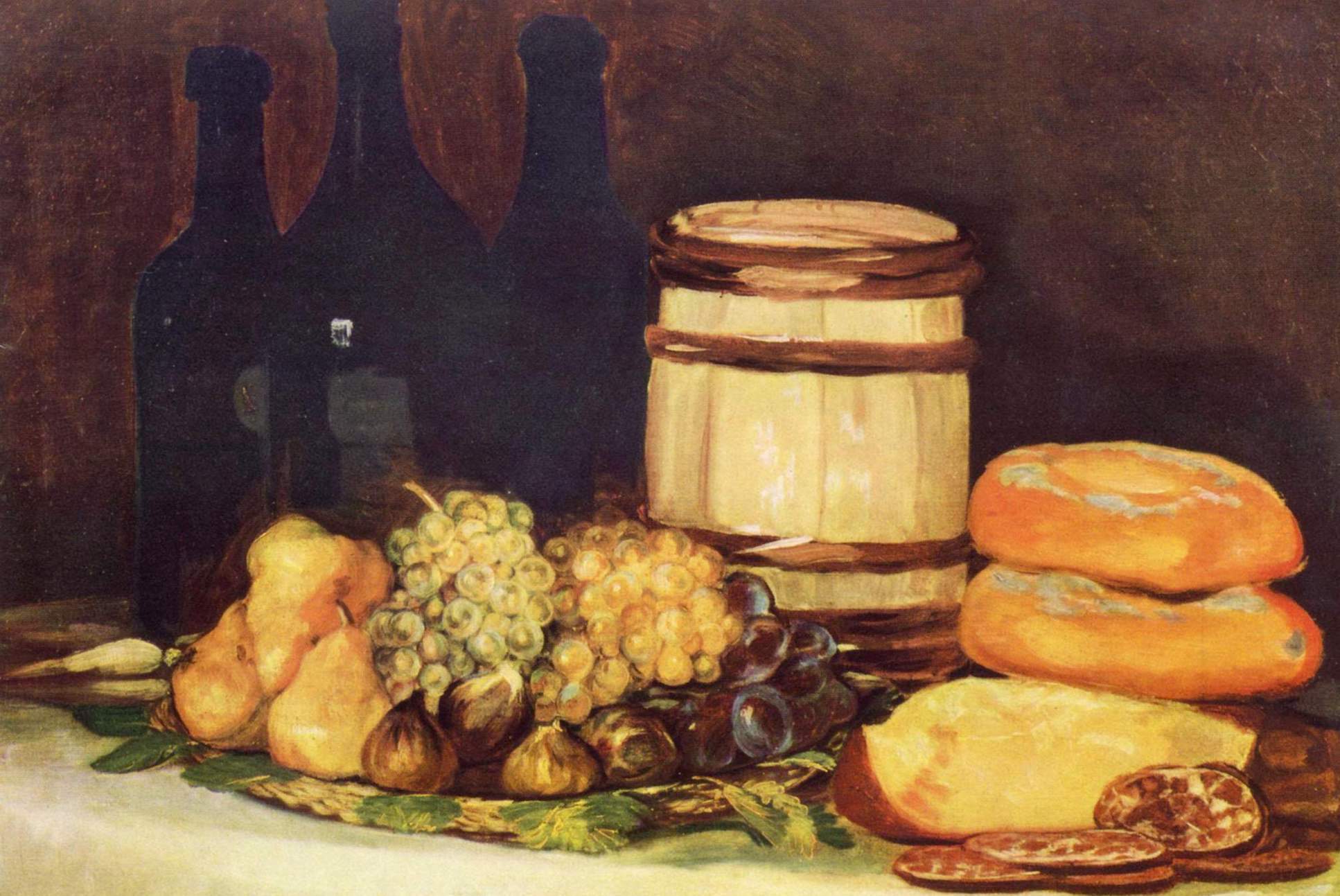 A still life of bread, fruit, and cheese with dark wine bottles
